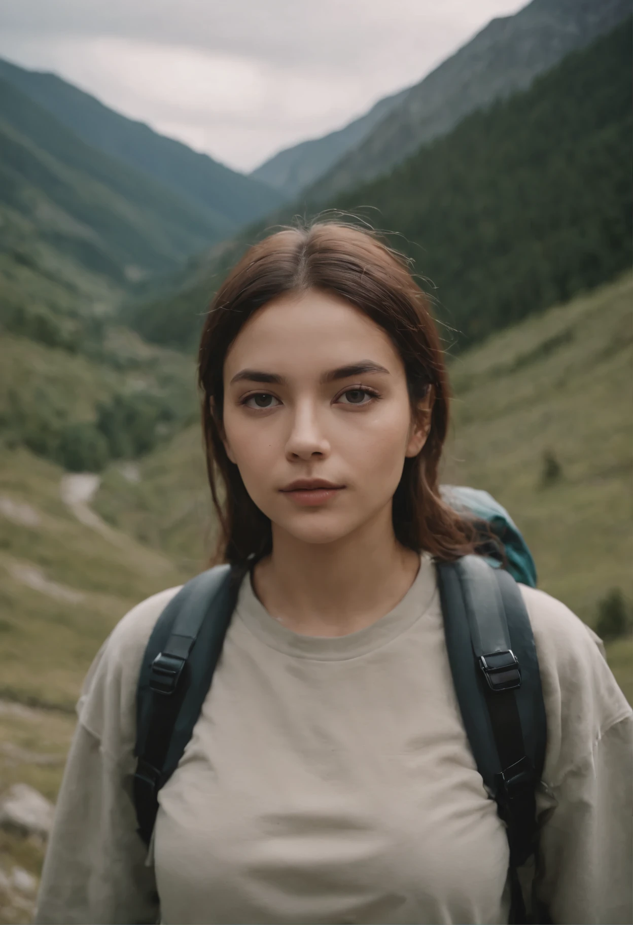 Hiker, in the style of rap aesthetics, schizocore, girl, photo taken with fujifilm superia, charly amani, oversized portraits, babycore, upper body