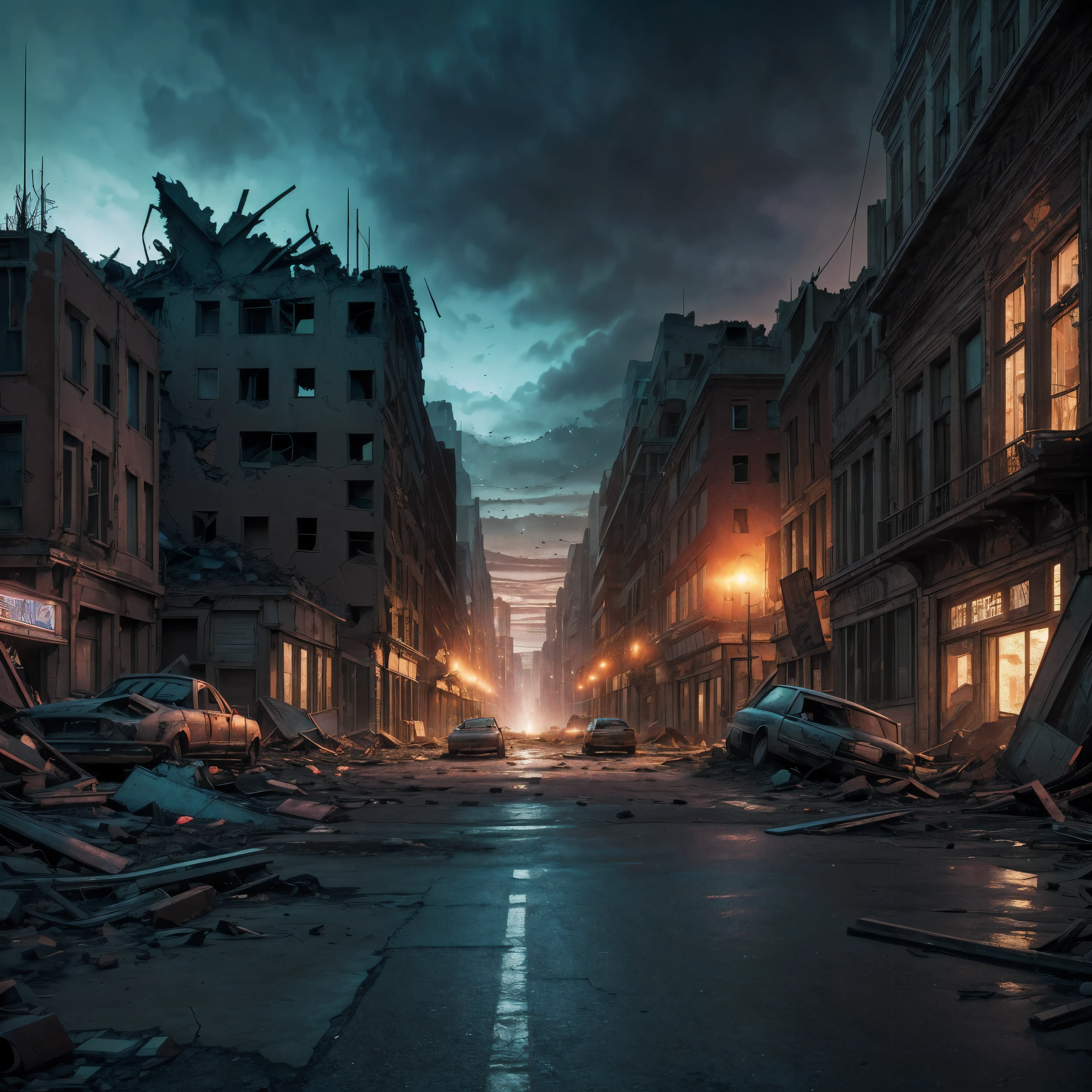 fin del mundo, realistic epic, ((((HDR)))), ((((Colores apagados)))), apocalipsis, (ciudad en ruinas, calle arruinada:1.1), abandonado, colores neutros, noche, refracciones del espacio de la pantalla, (Detalles intrincados), ((Detalles intrincados, hiperdetallado)), art station, cinematic shot, viñeta, fondo complejo, [[verde azulado y naranja]], tecnicolor, edificio volteado