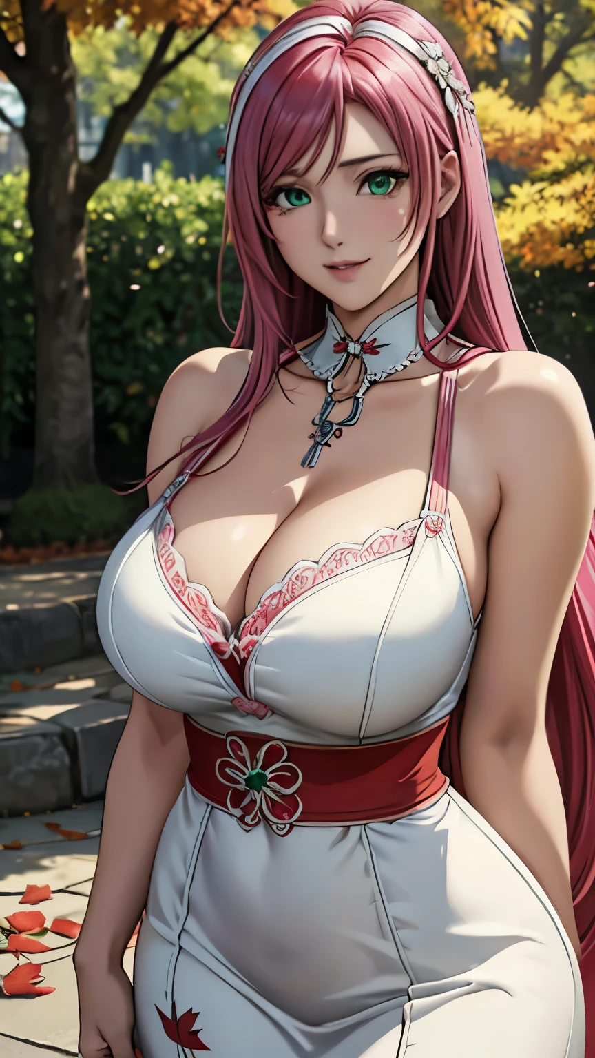 green eyes, (highest quality, masterpiece painting:1.3), mature woman, 26 years old, (half body shot), masterpiece, ultra high resolution, (Photoreal:1.0), pink hair、straight hair, beautiful shining hair, white and shining skin, ((Ultra realistic details)), octane rendering, highly detailed face, (big breasts:0.8),(sexy and cute cheongsam,red and white contrast outfit,delicate decoration:1.2), open neckline, (necklace:1.0),cleavage, perfect body, soft skin, anime face, perfect face, perfect eyes, looking at the viewer, smart, Under autumn leaves tree background, Autumn leaf petals are falling, outdoors,shrine, sharp focus, intricate details, professional artwork, (bright colors:1.1), bright colors, diffused lighting, digital blending, ultra-definition body, ultra detail hair, super detailed face, that&#39;It&#39;s trending on pixiv, top button open, Cute gaze, compensate, perfect lips, perfect compensate, Ultra-precision coating, (light_smile:1.0), (Very embarrassed:0.8),