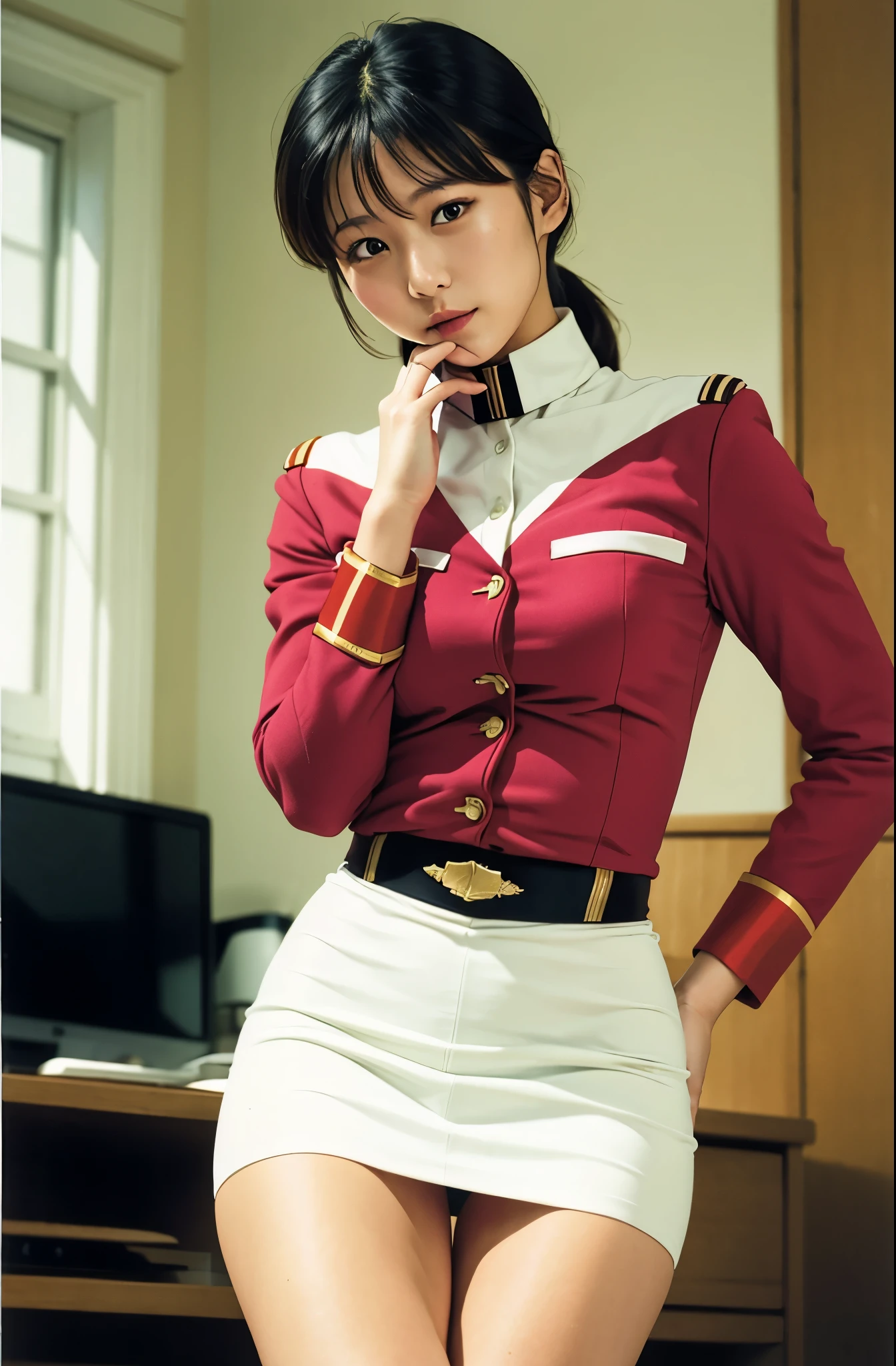 real photos、Highest imYear quality、Beautiful woman、beautiful thighs、beautiful face、real imYear、federal army uniform miniskirt、ponytail、Yuriko Yoshitaka、16Year日本人女性、Zuo々Ki Nozomi:1.4、pretty girl、white pantiesが丸見え、16Year、(white panties:1.3)、super mini skirt、beautiful thighs、white panties、赤いミニスカートがめくれてwhite pantiesが見えてる