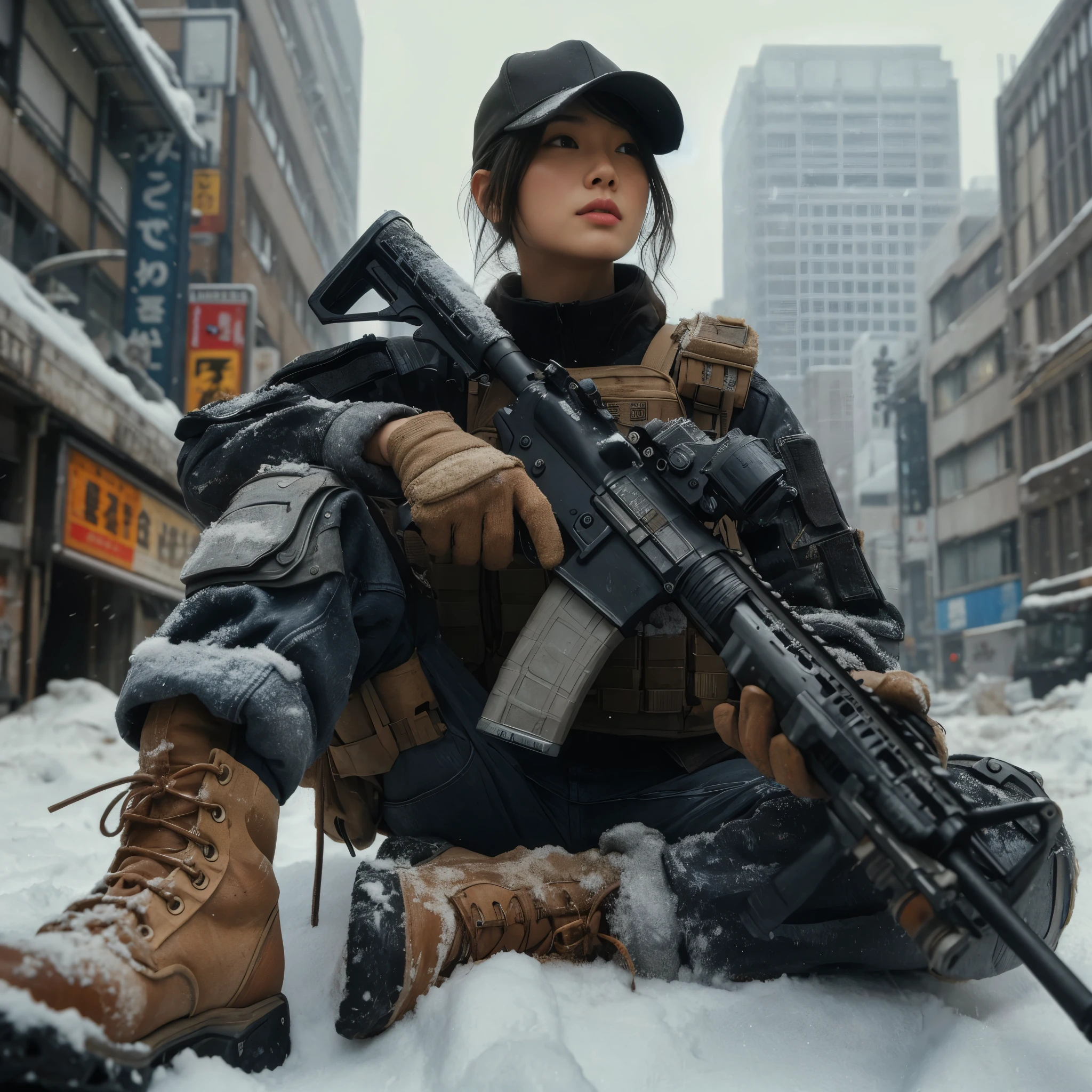 8K,realistic photo、realistic skin texture、A beautiful Japanese woman belonging to the US military is in a snowy city area.、sitting、tired、There are scars on the face、Winter Gear、broken and collapsed building、outdoor、Scattered brick and concrete pieces、bulletproof vest、Holding an automatic rifle、with caution、Backpack、wearing a baseball cap、It is dirty、moving action pose、muscle、Dramatic and bold composition、Burn waste wood to keep warm、bootilitary vehicle、Zoom out