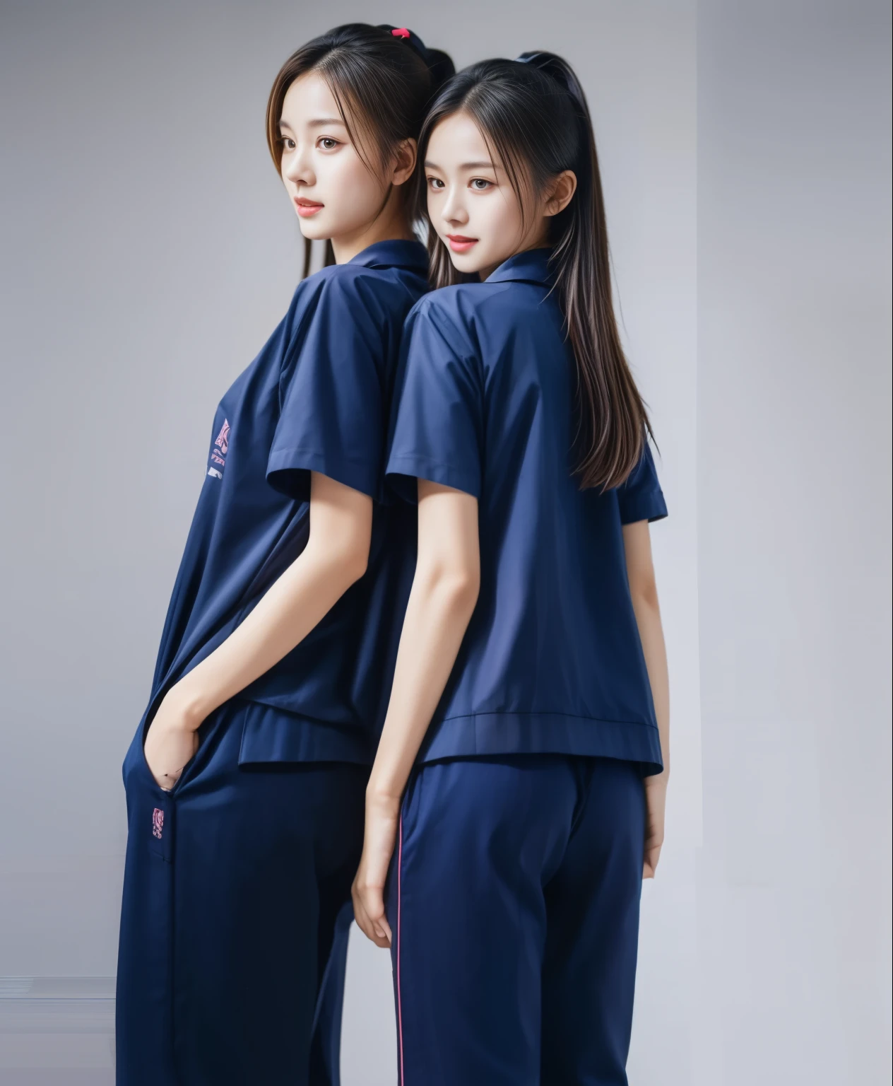 (best quality,10,10,height,Masterpiece:1.2),Special details,(realistic,ภาพrealistic,Realistic photos:1.37),1 Cute girl in the kitchen,shiny, ผิวshiny,only,smile softly,BDclothelue shirt:1.3)),short sleeve,shirt, กางเกงขาlong.,(navy_long_track pants:1.1), ((Kitchen Background)),Dynamic angle,excited,Face focus,dynamic poses,from behind,focus on ass,Masterpiece, best quality, ultra realistic, Too many details, 8k resolution, raw photos, Sharp focus, ((Navy blue shirt:1.1)), short sleeve, เส้นทางlong, perfect body, 2 mature women, 18 years old, Cinema-grade lighting system,blue sweatpants,shirtผ้าออกกำลังกาย,correct anatomy,perfect body, correct body, Sharp face, correct bodyทางกายวิภาค, full body, realistic gestures, long-haired, realistic poses,Wear long shorts...........................,ช่วงขาlong,Good shape,carved girl, Slender figure, model, Good shape, beautiful body,blue sweatpants, two girls kissing