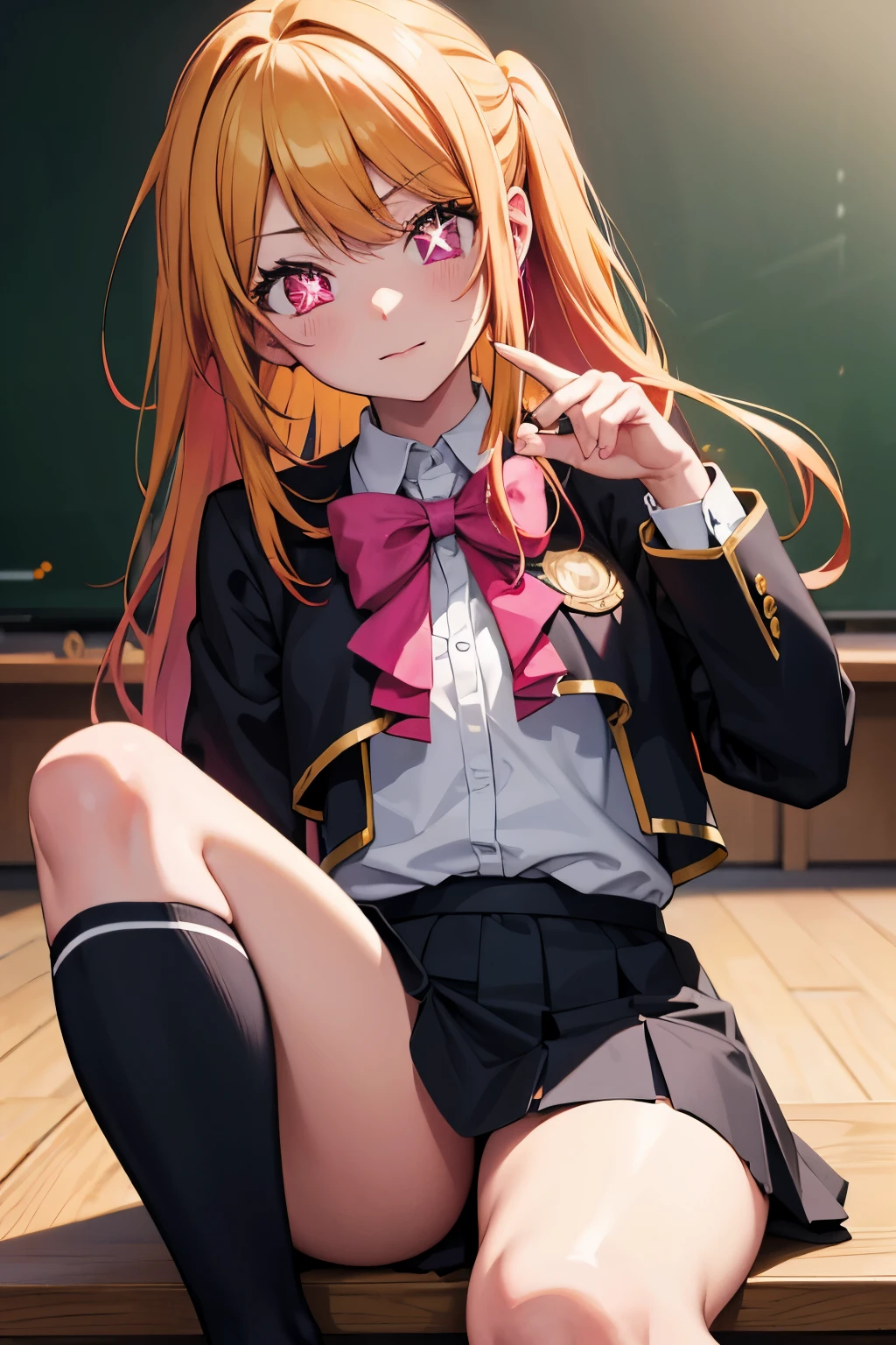 rubyhoshino, ruby hoshino, (yellow hair:1.5), long hair, one side up, (pink eyes:1.5), sidelocks, (star-shaped pupils:1.5), (symbol-shaped pupils:1.5), (mismatched pupils:1.5), BREAK black vest, blue jacket, bow, bowtie, collared shirt, cropped jacket, jacket, kneehighs, long sleeves, pink bow, pink bowtie, pleated skirt, , shirt, skirt, socks, vest, white shirt, white socks, youtou high , BREAK looking at viewer, BREAK indoors, classroom, BREAK (masterpiece:1.2), best quality, high resolution, unity 8k wallpaper, (illustration:0.8), (beautiful detailed eyes:1.6), extremely detailed face, perfect lighting, extremely detailed CG, (perfect hands, perfect anatomy),