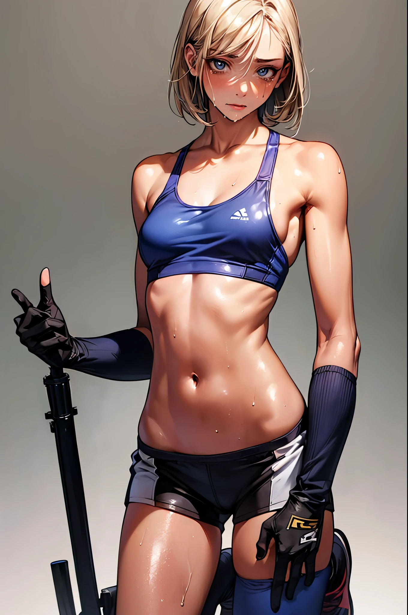 During a martial arts match、kneeling:1.5,injury、((perfect anatomy,realistic,:1.3,RAW Photography:1.3,masterpiece、highest quality、Ultra - High resolution、High resolution、Highly detailed CG、8K)),cowboy shot,1 female,solo,20 year old beauty、female martial arts athlete、beautiful detailed face and eyes,big and gorgeous eyes),dark blue eyes,(blonde hair,short hair,bangs),(large breasts,slender body,small head:1.4, toned body, gleaming skin,oily skin,shiny skgin,sweat,Bruises from being beaten a lot:1.7),(navy blue sports bra、Dark blue sports shorts、yellow open finger gloves)、simple martial arts ring、dim lighting、underground、Audience in the background、
