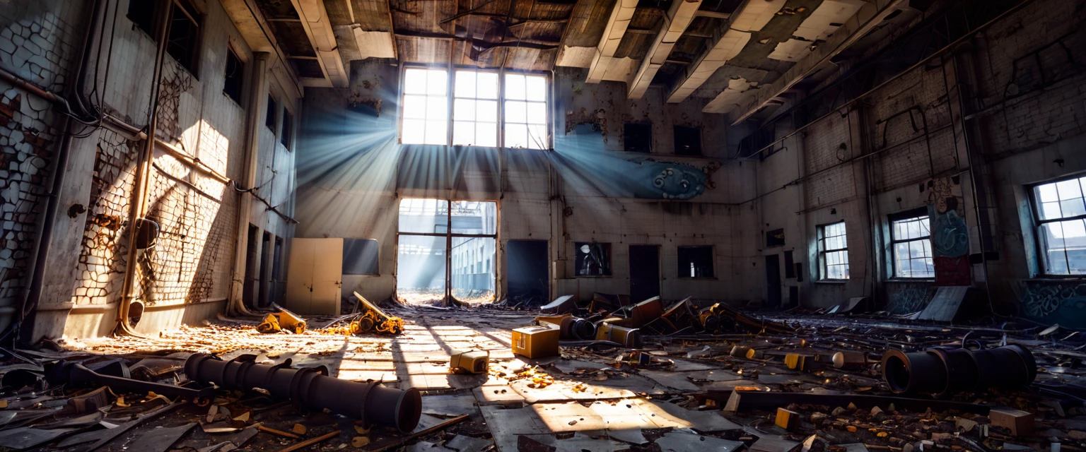((ultra wide angle: 1.5, view from below)), abandoned factory: 1.4, ((perfect, meticulously detailed, flawless, high definition, cinematic: 1.4), ((Masterpiece) ), (Hyper detailed: 1.4), ( Photorealistic: 1.4), Epic, (sunbeams through slightly demolished wall: 1.3), (rusted machinery, debris, discarded papers and boxes: 1.3), 32k.