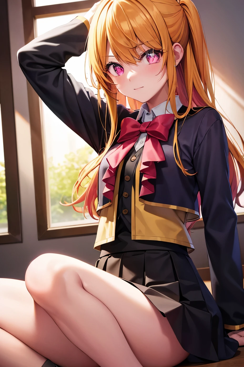 main girl is beautiful and cute, "neat and bright uniform coordination", full body, full body illustration, best illustration, elementary school student, realistic and elaborate uniform, high school uniform, ((highest quality)), ((masterpiece)), (detail: 1.4), anatomical, award-winning concept art, beautiful, fine details, portrait, look viewer, (full body view)), 1 girl, full body, solo, , elementary school student, child actor, golden hair, blonde, semi-long hair, red and pink eyes, large eyes, the pupil of the left eye is star-shaped, characteristic pupil of the left eye, pupil of the left eye clear, pupil of the left eye detailed, dark brown blazer, maroon sweater, long checked skirt, dark green and maroon skirt, black hyso, orange large ribbon, white blouse, underwear, panties, skirt, white panties, wet, shirt, wet clothes, skirt lift, blush, classroom, navel,lift under chest, clothing lift, easy background, lifting clothes, uniform, Japan cute school uniform, blazer, look away, short sleeve, loli, skinnlementary, loli, baby facete, young appearance, fantastic visual depiction, professional effects, beautiful girl, petite girl, sweaty transparent clothes, unevenness, absurdity, Heel up loafers, golden hair, red and pink eyes, the main girl is beautiful and cute