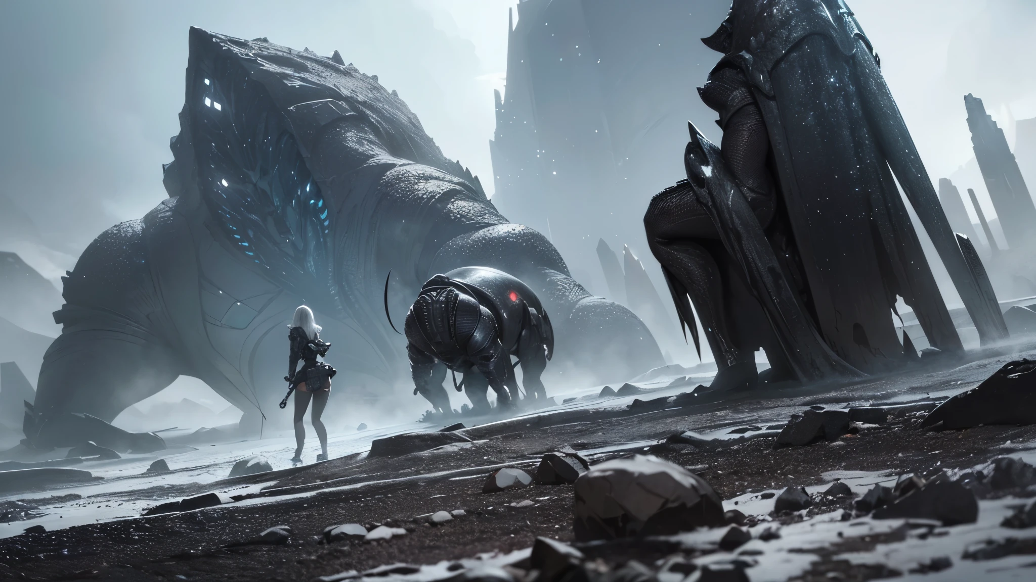 In an ultra wide angle, alien monsters scramble over rocky terrain, pursuing a group of damsels. The damsels are attractive women in silver science uniforms, running for their 50s space rocket. The scene is depicted with extreme detail and realistic rendering, showcasing the best quality, 4k resolution, and high-res textures. The alien monsters are portrayed with vivid colors, sharp focus, and physically-based rendering, highlighting their menacing appearance. The rocky terrain is characterized by its gritty texture and rugged features, with intricate details represented in the cracks and crevices. The damsels' silver science uniforms are ultra-detailed, reflecting light and adding to the futuristic atmosphere. The color palette leans towards cool tones, emphasizing the otherworldly nature of the scene. The lighting in the image is dramatic, with intense spotlights illuminating the monsters and casting deep shadows. Overall, the prompt aims to capture the thrilling encounter between the alien monsters and the group of damsels, combining science fiction elements, realistic rendering, and captivating composition.