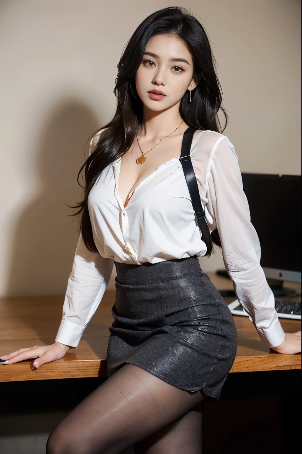 (masterpiece:1.3), (8 thousand, realistic, RAW photos, best quality: 1.4), (1 woman), (full body shot), (standing right next to the office desk), (model-like pose), (very sexy), (Beautiful makeover), (유난히 아름다운 realistic 얼굴), (Build a beautiful body) , (beautiful face), (beautiful face), (long eyelashes), (double eyelid), (big bust) , (Beautiful heaps), (tall), (such a beautiful body), (realistic face), (black hair. parted, long hair:1.3), (아름다운 parted스타일), (realistic eyes), (really beautiful and delicate eyes), (realistic skin), (beautiful skin), (blouse), (short skirt), ( dark pantyhose), (perfect secretary uniform), (absurd), (attractive), (ultra high resolution), (extremely realistic), (very detailed), (golden ratio), (realistic 긴 다리), (realistic 팔), (Beautiful high heels), (realistic 아름다운 스타킹 신은 다리), (necklace), (earring),(beautiful nails manicure), (So beautiful and sexy)
