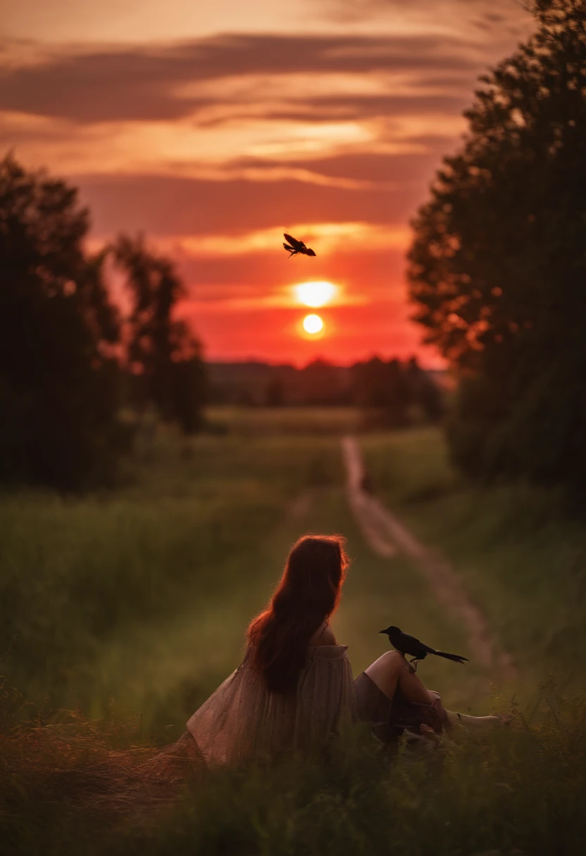 (ultra-wide angle:1.3), beautiful countryside landscape, crows, red dragonflies, (flying:1.1), red sunset sky, (girl sitting, peaceful:1.1), (fisheye lens shot:1.2)