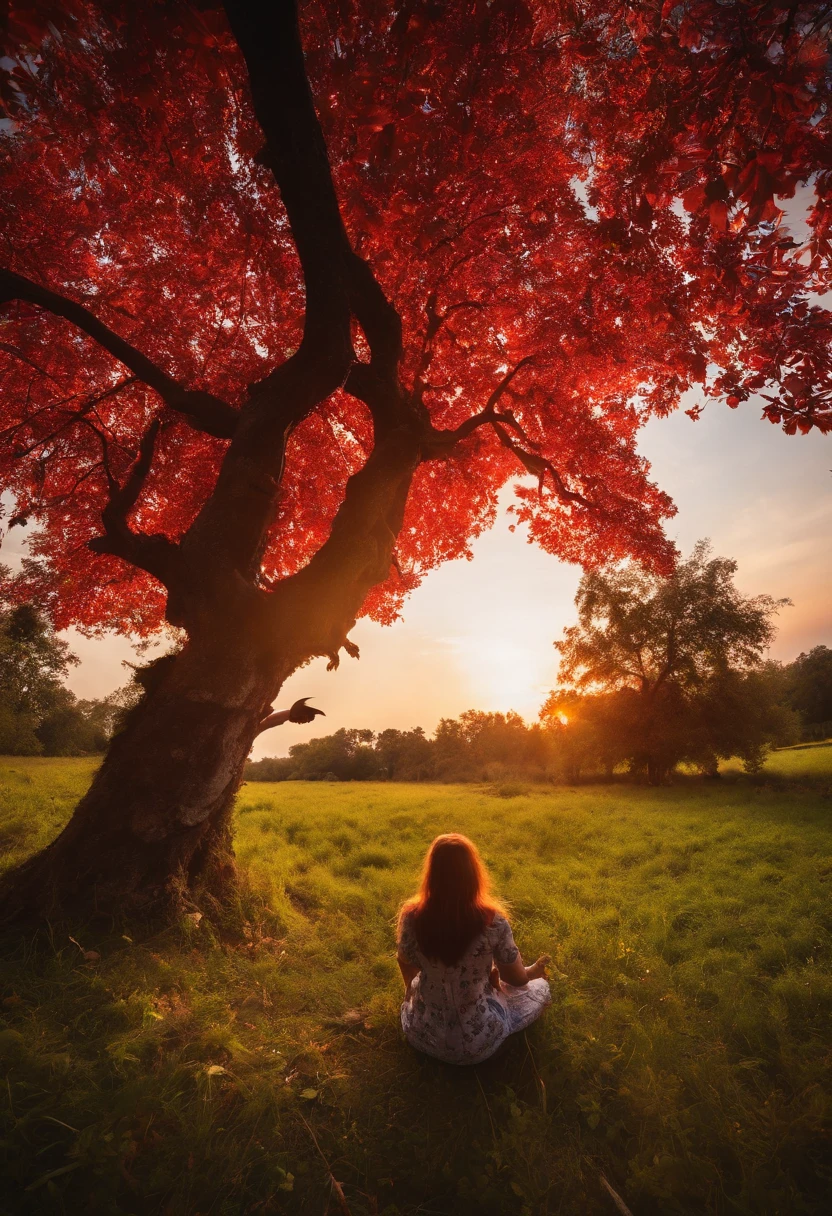 (ultra-wide angle:1.3), beautiful countryside landscape, crows, red dragonflies, (flying:1.1), red sunset sky, (girl sitting, peaceful:1.1), (fisheye lens shot:1.2)