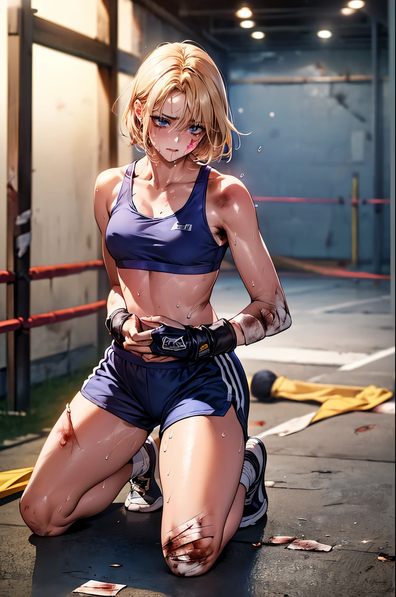 During a martial arts match、simple boxing ring、((perfect anatomy,realistic,:1.3,RAW Photography:1.3,masterpiece、highest quality、Ultra - High resolution、High resolution、Highly detailed CG、8K)),cowboy shot,1 female,solo,20 year old beauty、female martial arts athlete、beautiful detailed face and eyes,big and gorgeous eyes),dark blue eyes,(blonde hair,short bob hair,bangs),(large breasts,slender body,small head:1.4, toned body, gleaming skin,oily skin,shiny skin),((injury、kneeling,sweat,Bruises from being beaten a lot:1.7)),(navy blue sports bra、Dark blue sports shorts、yellow open finger gloves)、simple martial arts ring、dim lighting、underground、Audience in the background、