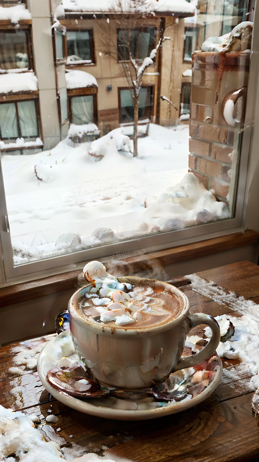 Cozying up with a cup of hot chocolate as the snow falls outside the window in front and the cup of coffee on a table