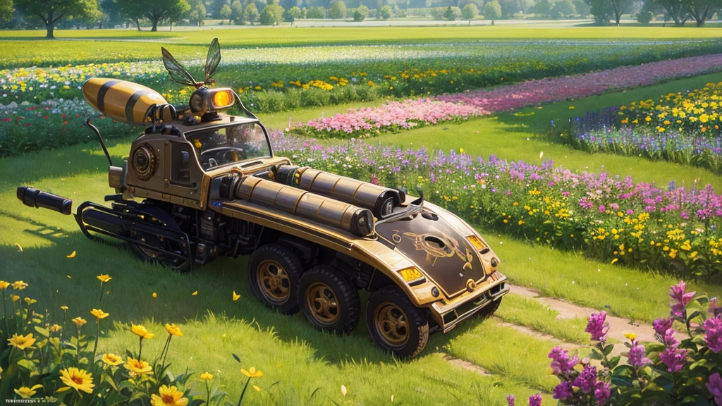 A lovely field of flowers, steampunk robot bees flit between them pollinating them