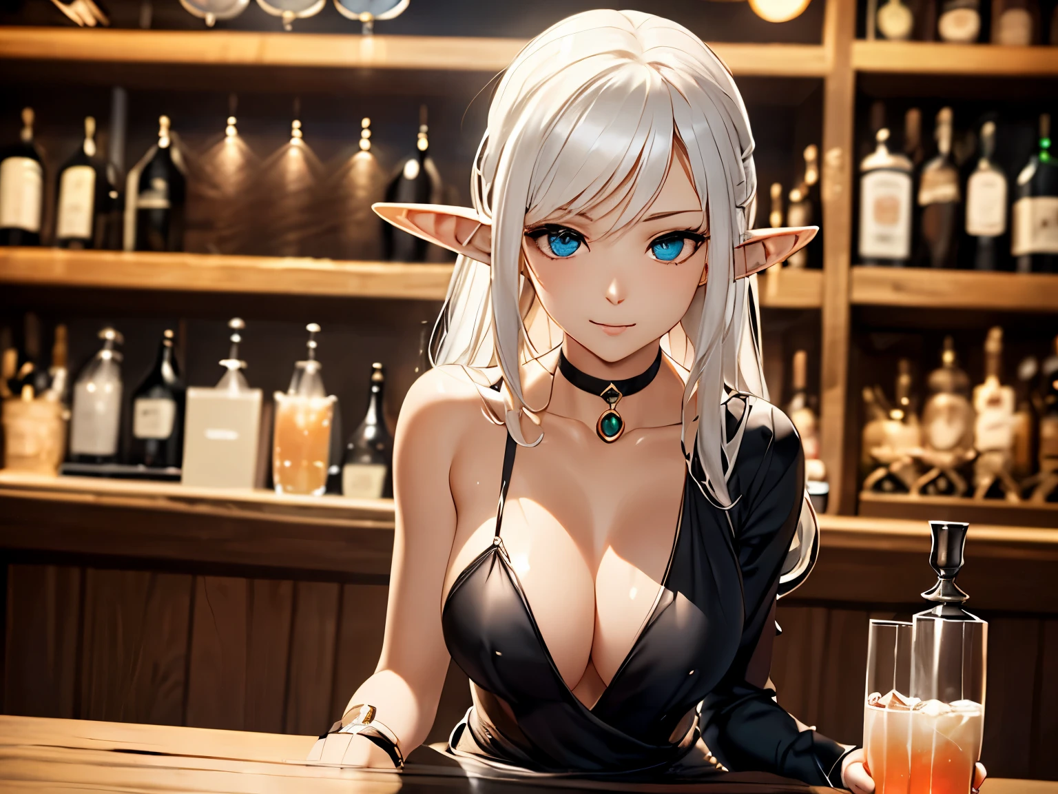 bar counter、Calm atmosphere、black dress、white hair、elf、pointed ears、night lounge、long hair、looking at me、cocktail glass、highest quality、best shadow、detailed beautiful face and eyes、long hair、cinematic effect、sexy、animation、choker