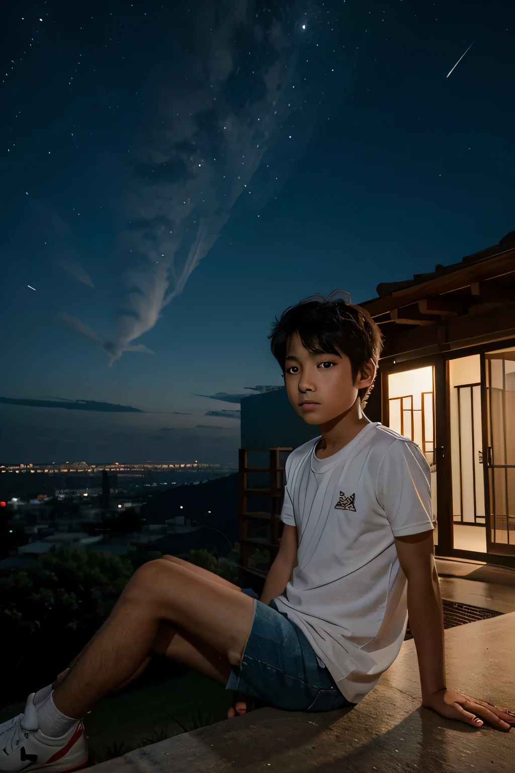 Oriental 7--old ,Sitting high alone,Under the stars at night,Looking into the distance,full of disappointment