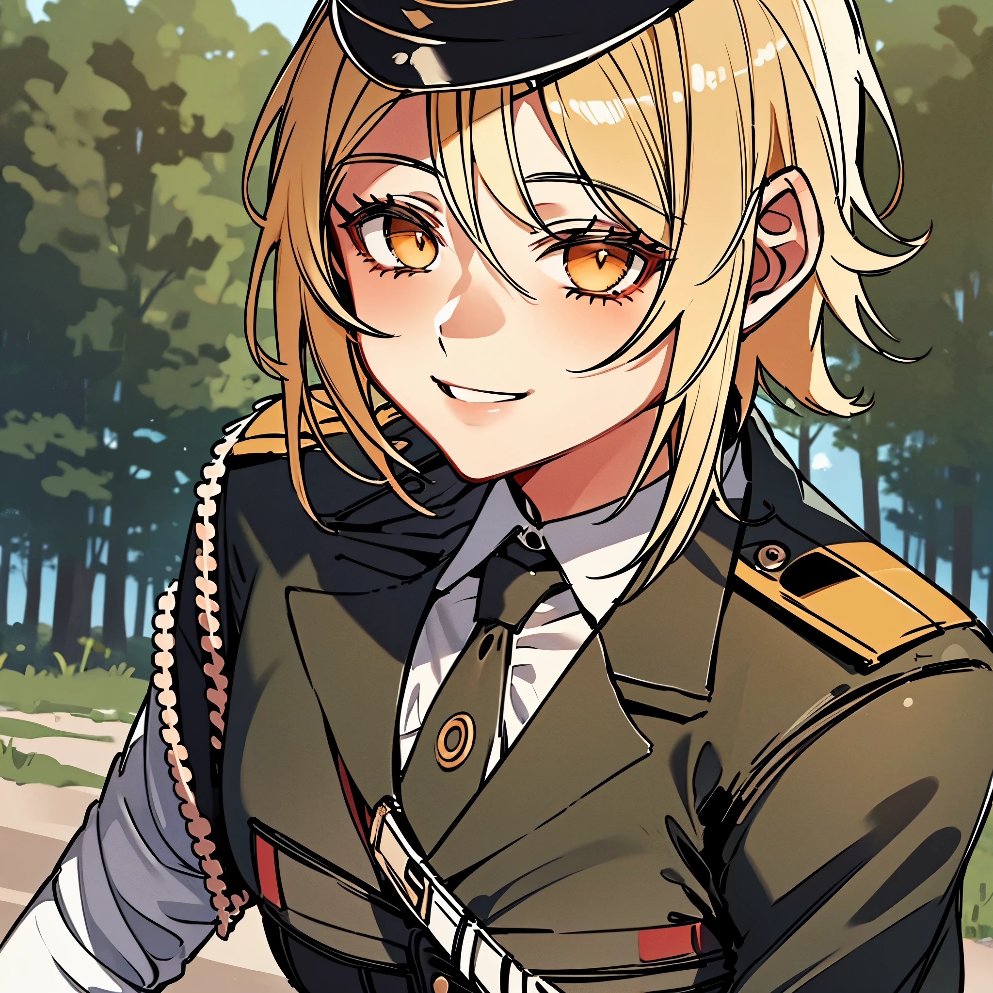 A woman in military clothing, military hat, on a battlefield in a forest, smiling, short blonde hair, orange eyes, masterpiece, ultra resolution, very detailed, 2k hd
