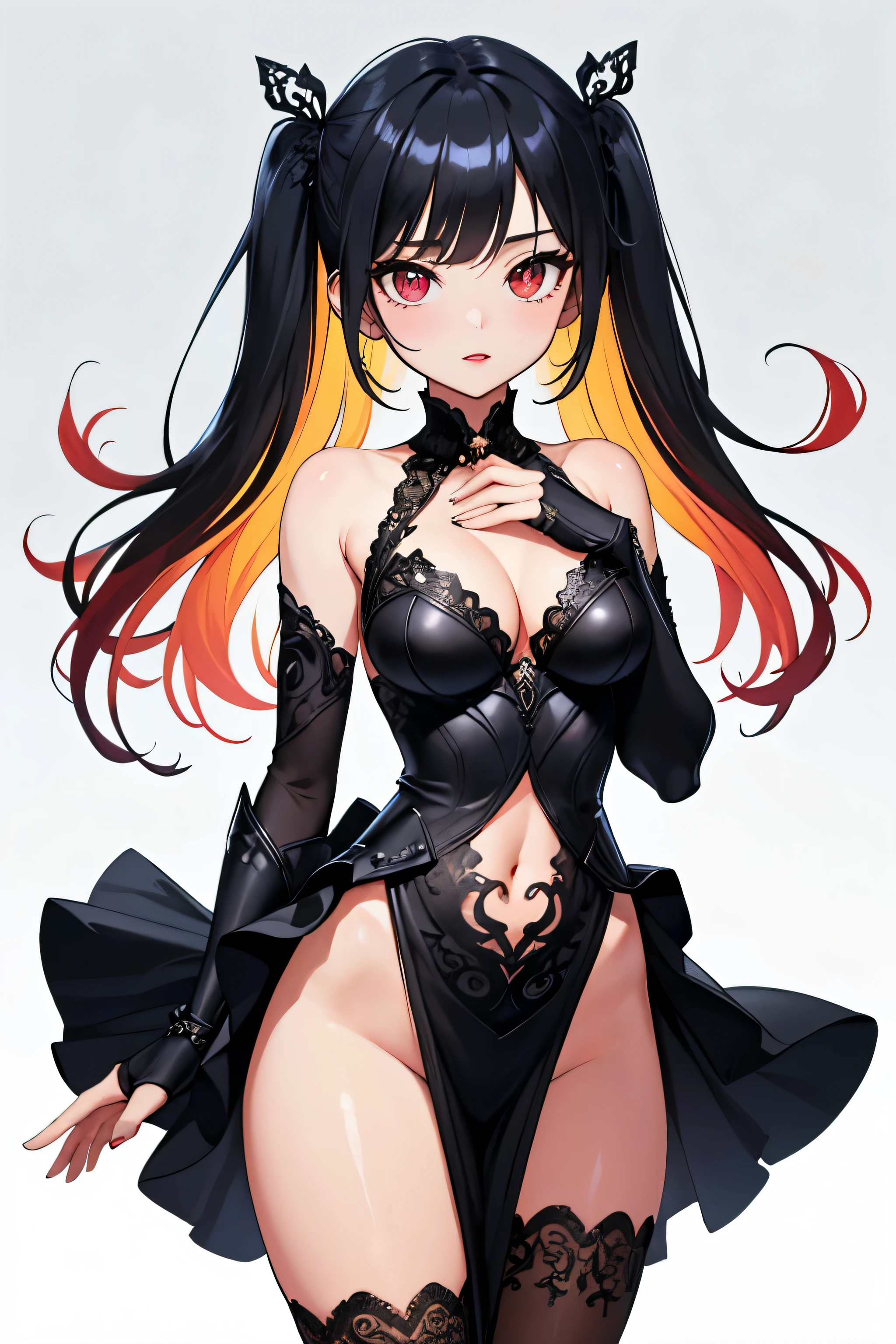 1girl, anime, cute girl, blank background, white background, fantasy, detailed fantasy dress with highlights, beautiful face, beautiful eyes, dark colors, black hair with multicolor streaks, red eye with different color pupil in eye, multicolor eye, medium small breasts (slightly big), slight cleavage, beautiful skin, cute, breast curtains, extremely delicate and beautiful, (beautiful detailed face:1.0), (detailed deep eyes), symmetrical breasts, deep eyes, shiny skin, portrait, slender waist, hips wider than shoulders, thighs, expressionless, young girl, luminous eyes, adorable,(Kpop idol),(aegyo sal:1),(Platinum blonde hair:1),((puffy eye)),Black panty,sexy posture,Superskirt, ultra high resolution,Black collar,slim figure, Abdominal y tattoo, womb tattoo,Tight-fitting leg ring,y tattoo on half-body,Bare skin, Armored hand,Hidden fingertips,Hand covered,Arm covered,Fist covered,{{beautiful detailed fingers}}, tufts of hair, moderate beautiful breast:1.0,(masterpiece:1.2), best quality, high-res, HDR, perfect face, intricate armor, delicate blue filigree, intricate filigree, red metalic parts, detailed part, dynamic pose, dynamic lights,