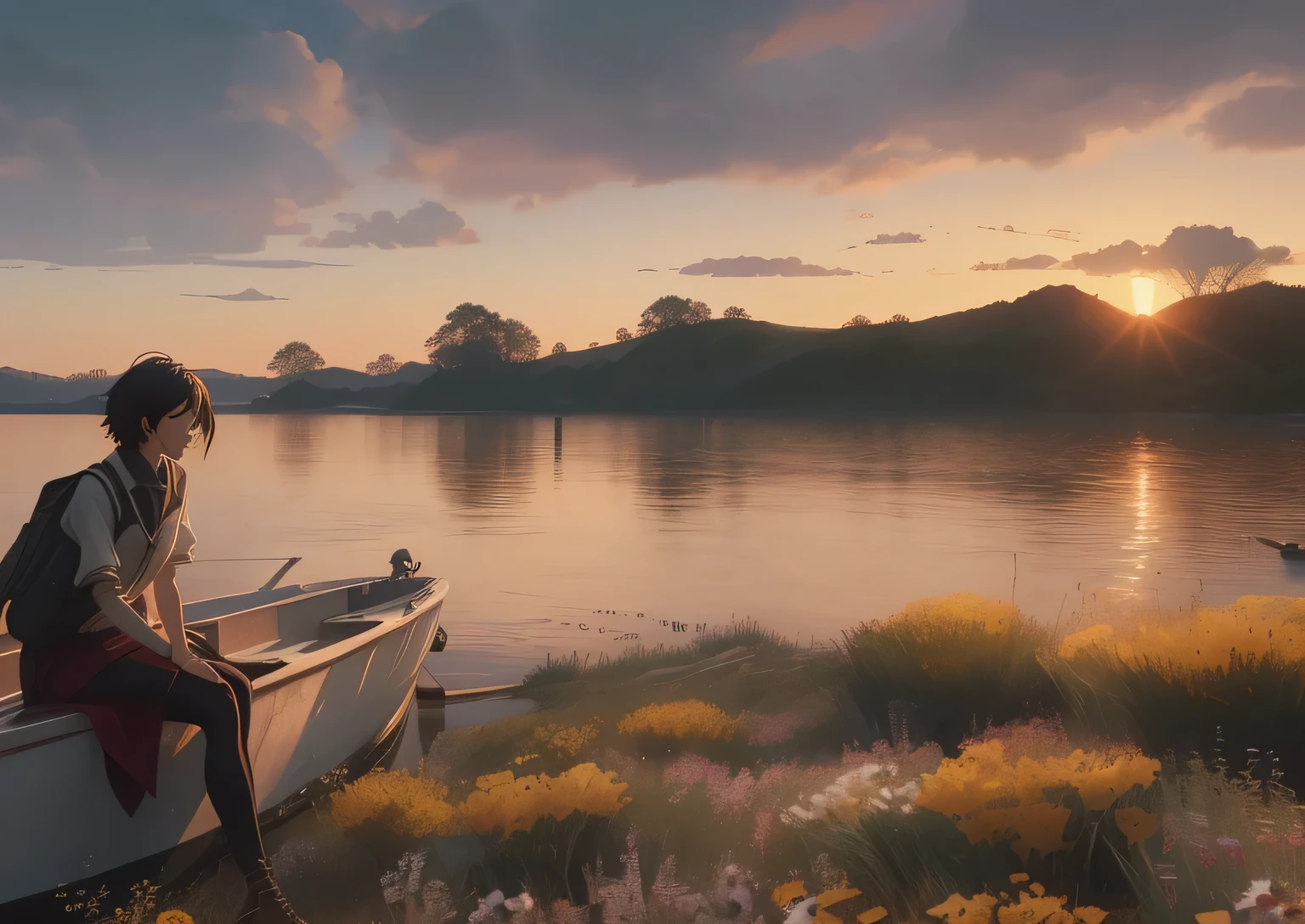 There is a woman sitting on an abandoned boat, relaxing concept art, By Shinkai Makoto. digital rendering, realistic fantasy rendering, 4K high definition digital art, octane rendering, beautiful digital paintings, Detailed cinematic rendering, Golden hour scene, 3D rendering and matte painting, beautiful digital artwork, around the boat on the sand々Flowers are blooming profusely, Severe backlighting, A world dyed in crimson