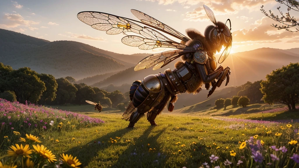 A lovely field of flowers, steampunk robot bees flit between them pollinating them