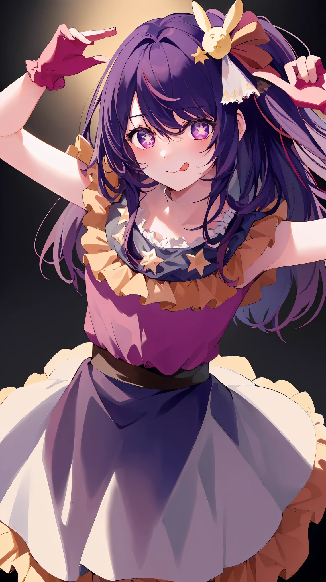 1girl, full body, cowboy shot,
(Rembrandt), illustration, (masterpiece), (best quality), (ultra_detailed), finely detail, (Depth of field),
HshinoAi,gloves, tongue out, tongue, long hair, star \(symbol\), looking at viewer, (purple hair:1.2), purple eyes, upper body, hair ornament, :p, frills, pink shirt, smile, sleeveless, shirt, idol, symbol-shaped pupils, hands up, bangs, one side up, star-shaped pupils, arms up,
dress pull,
Roaring Twenties, isometric, from above, sky, flower, cliff,