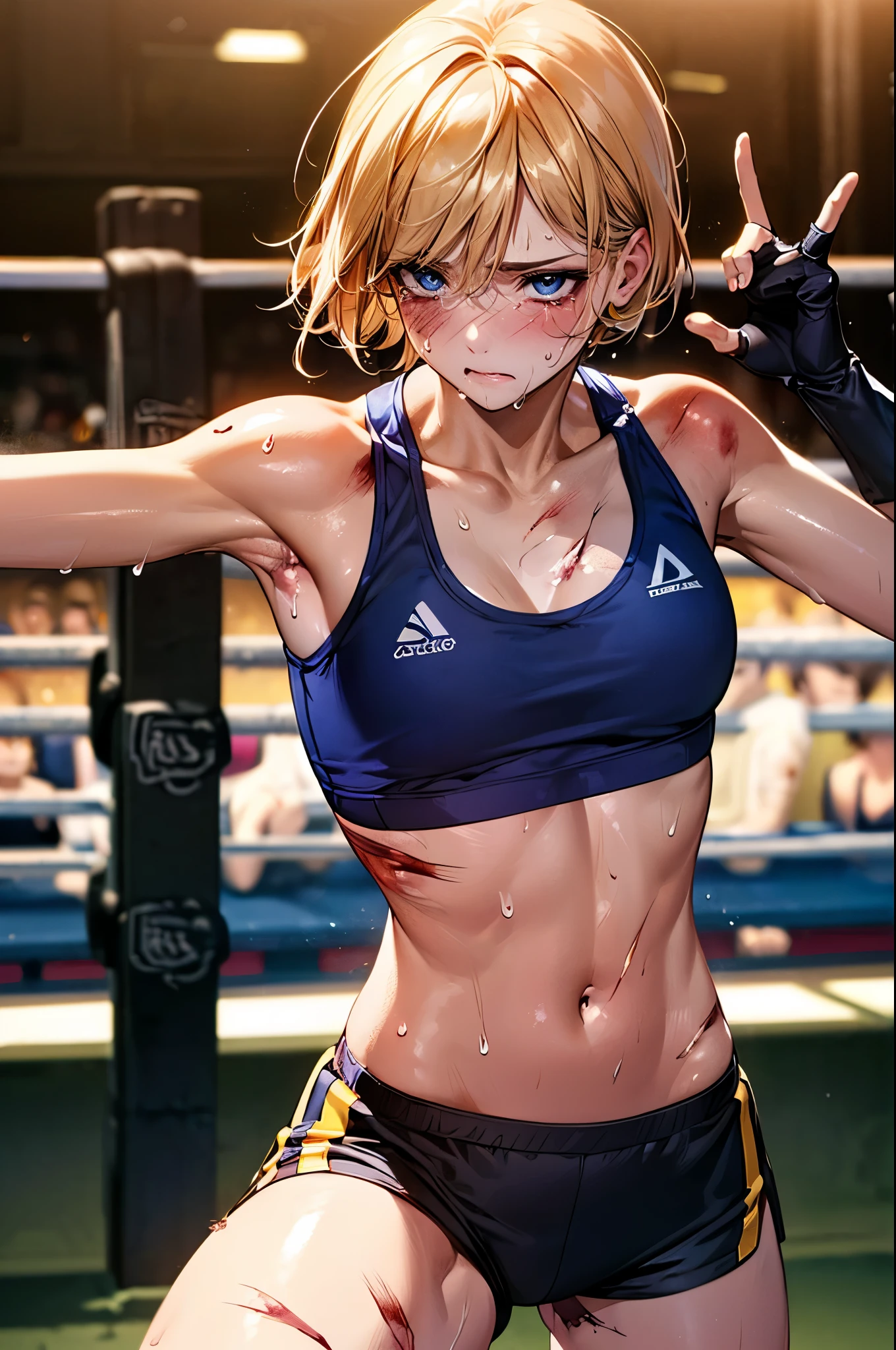 ((being beaten:1.7)),(During a martial arts match、simple boxing ring)、((perfect anatomy,realistic,:1.3,RAW Photography:1.3,masterpiece、highest quality、Ultra - High resolution、High resolution、Highly detailed CG、8K)),cowboy shot,1 female,solo,20 year old beauty、female martial arts athlete、beautiful detailed face and eyes,big and gorgeous eyes),dark blue eyes,(blonde hair,short bob hair,bangs),(large breasts,slender body,small head:1.4, toned body, gleaming skin,oily skin,shiny skin),((injury,sweat,Bruises from being beaten a lot:1.5)),(navy blue sports bra、Dark blue sports shorts、yellow open finger gloves)、simple martial arts ring、dim lighting、underground、Audience in the background、