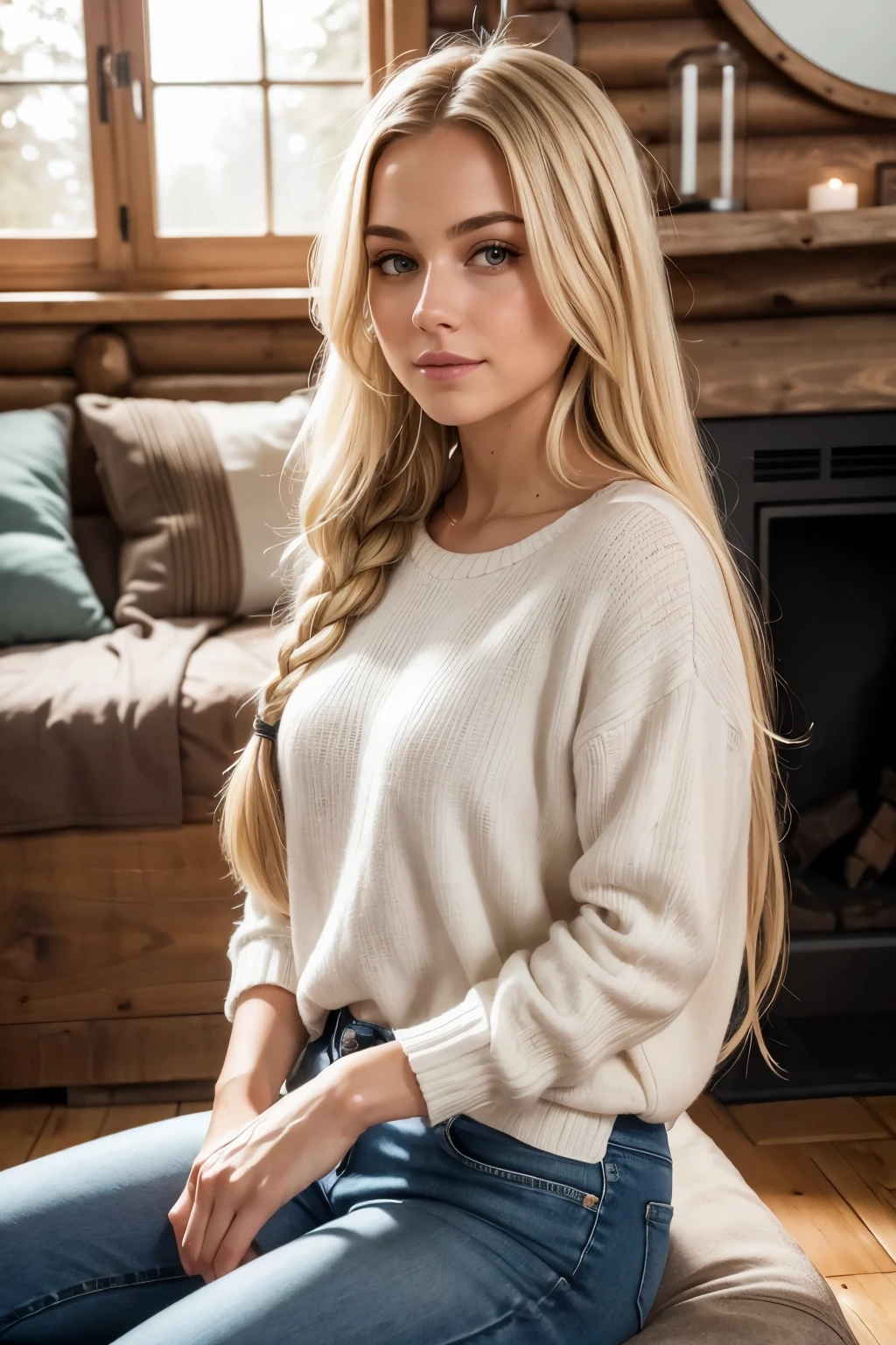 RAW, Best quality, high resolution, Masterpiece: 1.3,
A Beautiful Women In Log Cabin,
Masterpiece: 1.3,
A Beautiful Woman, Cozy and At Home,
Realistic, 1girl,
Seated In Front Of A Log Cabin,
Detailed Clothes,
Wearing A Flannel Shirt And Jeans,
Warm And Inviting,
Fireplace Crackling Behind Her,
Gentle Smile,
Long Blonde Hair Tied In A Braid,
Natural Light Streaming In,
Falling On Her Soft, Glowing Skin,
108