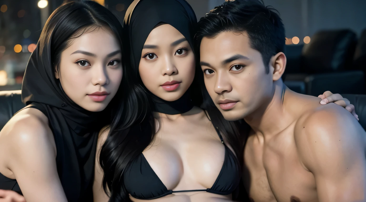 1 matured malay men 50 years old hugging 3 young malay girl in hijab wearing bikini 20 - 23 years old, malay men hand on girl breast, nighttime, beautiful girl with beautiful perfect body, location: couch in nightclub, professional photography, bright lighting, 28mm lens, Establishing shot, deep focus cinematography effect, Natural Lighting, pastel color grading, high quality, ultra detail, 8k resolution,