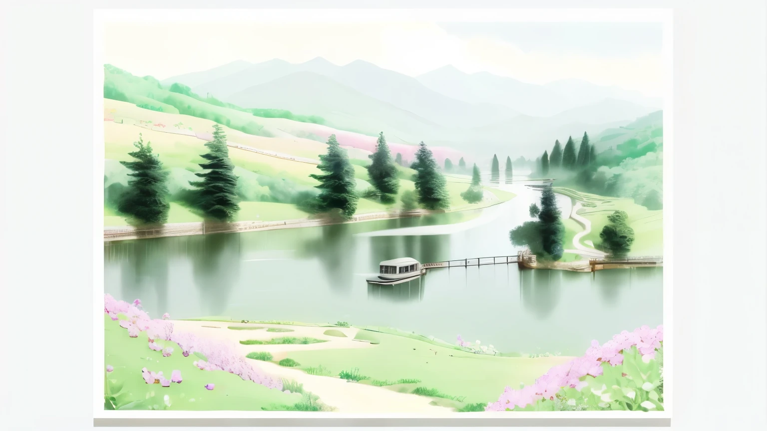 original photo,Lin Kaisen,There are flowers, small trees and a river,masterpiece,highest quality