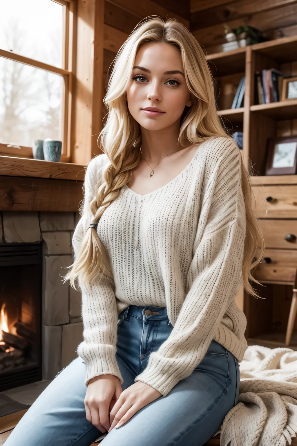 RAW, Best quality, high resolution, Masterpiece: 1.3,
A Beautiful Women In Log Cabin,

Masterpiece: 1.3,
A Beautiful Woman, Cozy and At Home,

Realistic, 1girl,
Seated In Front Of A Log Cabin,

Detailed Clothes,
Wearing A Flannel Shirt And Jeans,

Warm And Inviting,
Fireplace Crackling Behind Her,

Gentle Smile,
Long Blonde Hair Tied In A Braid,

Natural Light Streaming In,
Falling On Her Soft, Glowing Skin,

108