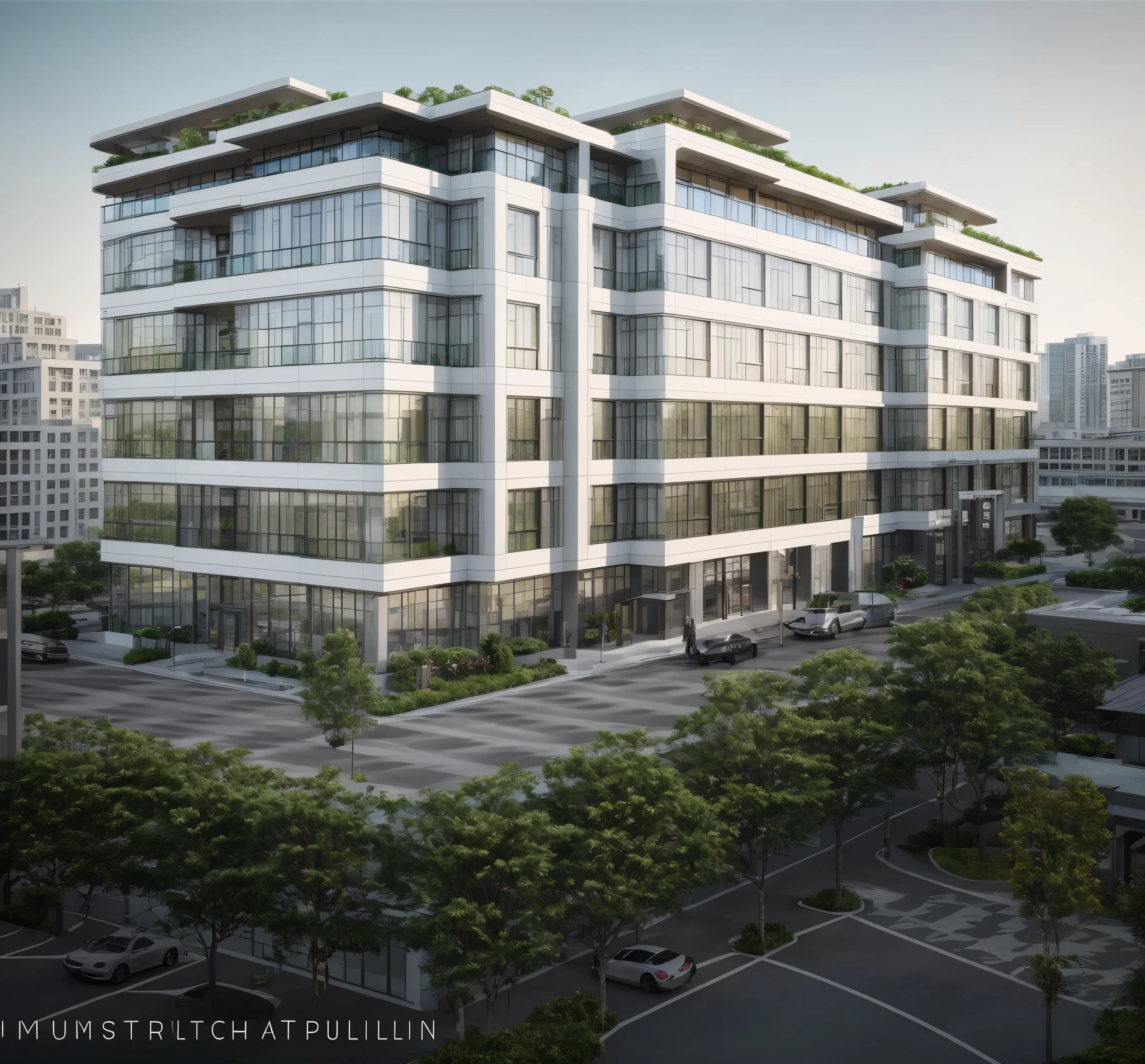 (masterpiece, best quality:1.2), rendering of a modern office building with a large sign on the top, (landscape), (city) , shophouse, modern lush condo as shopfront, wide angle exterior 2022, photo from 2022, full building, architectural rendering, mantra rendering, precise architectural rendering, residential, full - view, realistic building, realistic architecture