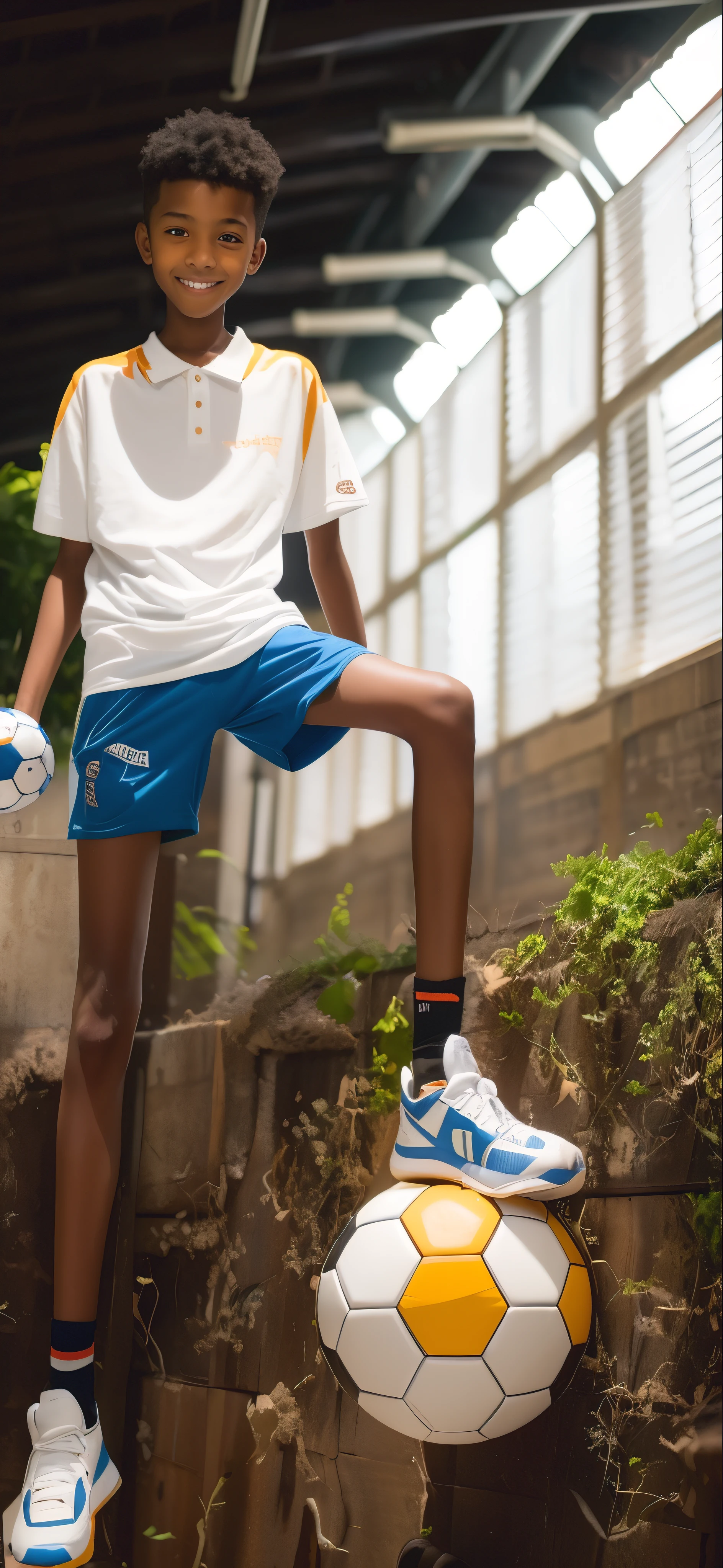 14 year old boy,bronzed skin,oval face,(white shorts),Polo T-shirt, blue socks,big round eyes,very short hair,toothy smile,best quality,,There are no muscle lines,bright colors,Highly saturated pictures,sharpen,galaxy,Milky Way,aurora ,Stereoscopic depth of field