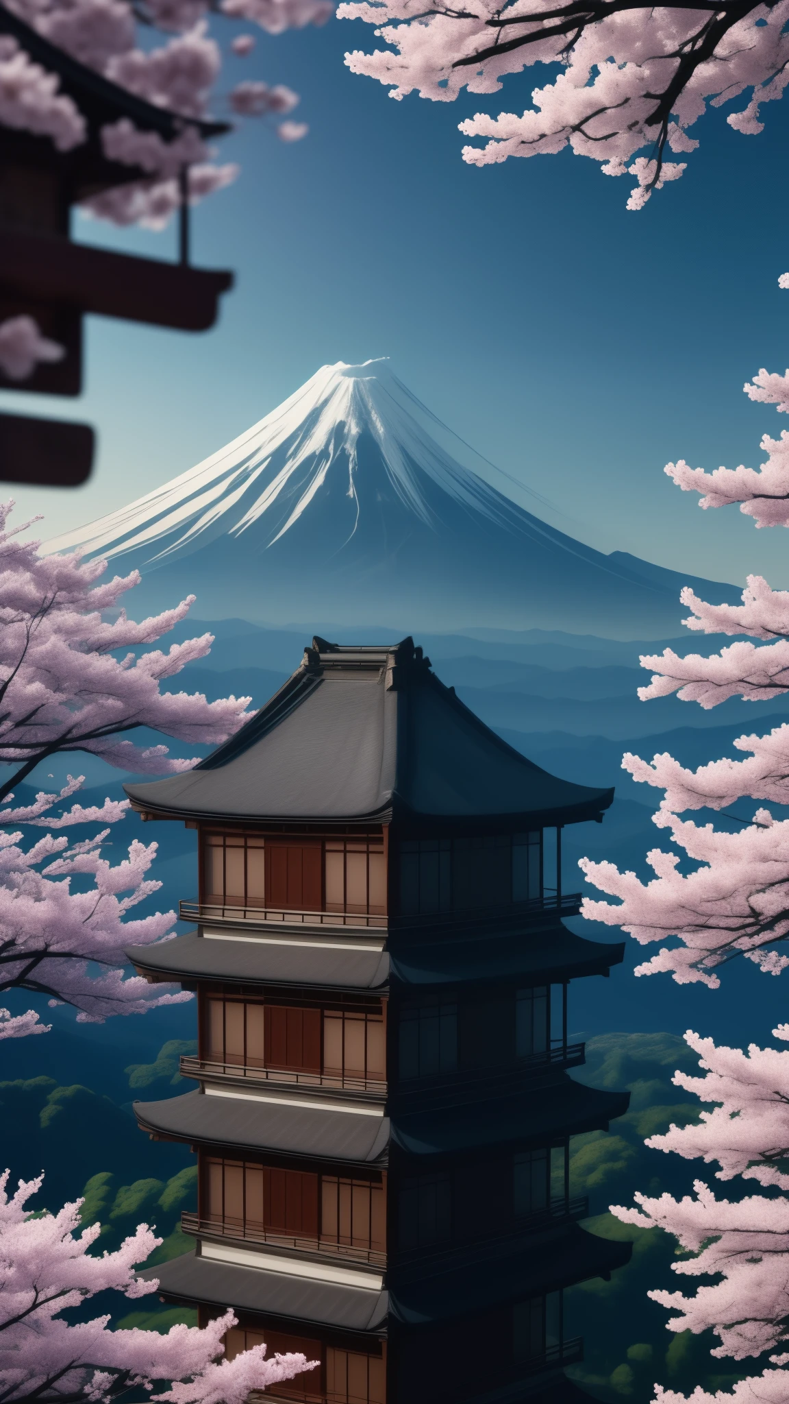 Vertical landscape photography with an ultra-wide-angle lens、In the upper half of the screen is Mt. Fuji in the distance with clear skies in the background.、The lower half of the screen shows a cityscape with rows of cherry blossom trees in full bloom.