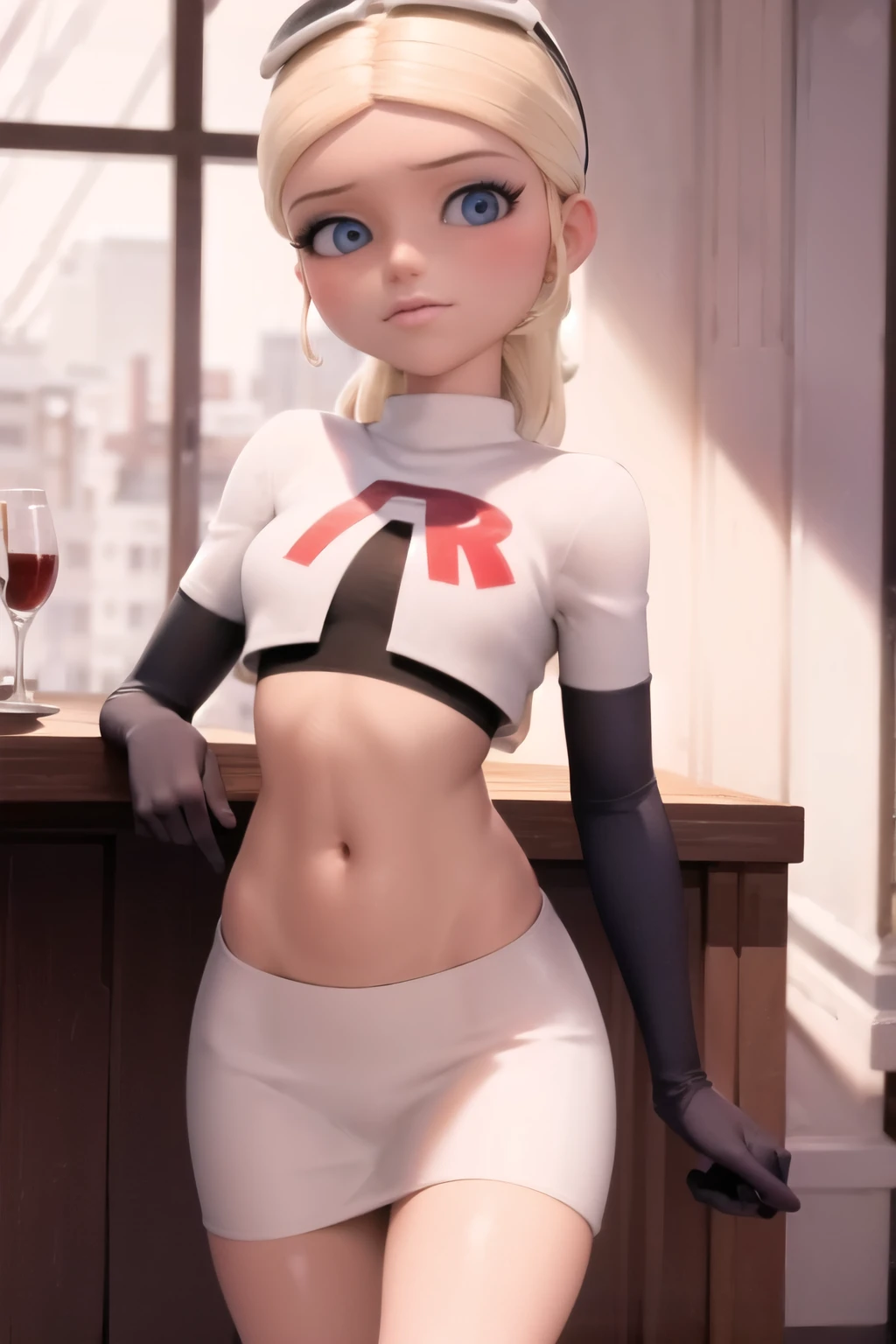 (8k, RAW photo, best quality, masterpiece:1.2), (intricate details), highres, perfect eyes, perfect face, perfect lighting, beautiful, (masterpiece:1.2), (best quality:1.2), 1girl, solo, chloe, blue eyes, blonde, team rocket,team rocket uniform, red letter R, white skirt,white crop top,black thigh-highs,black elbow gloves