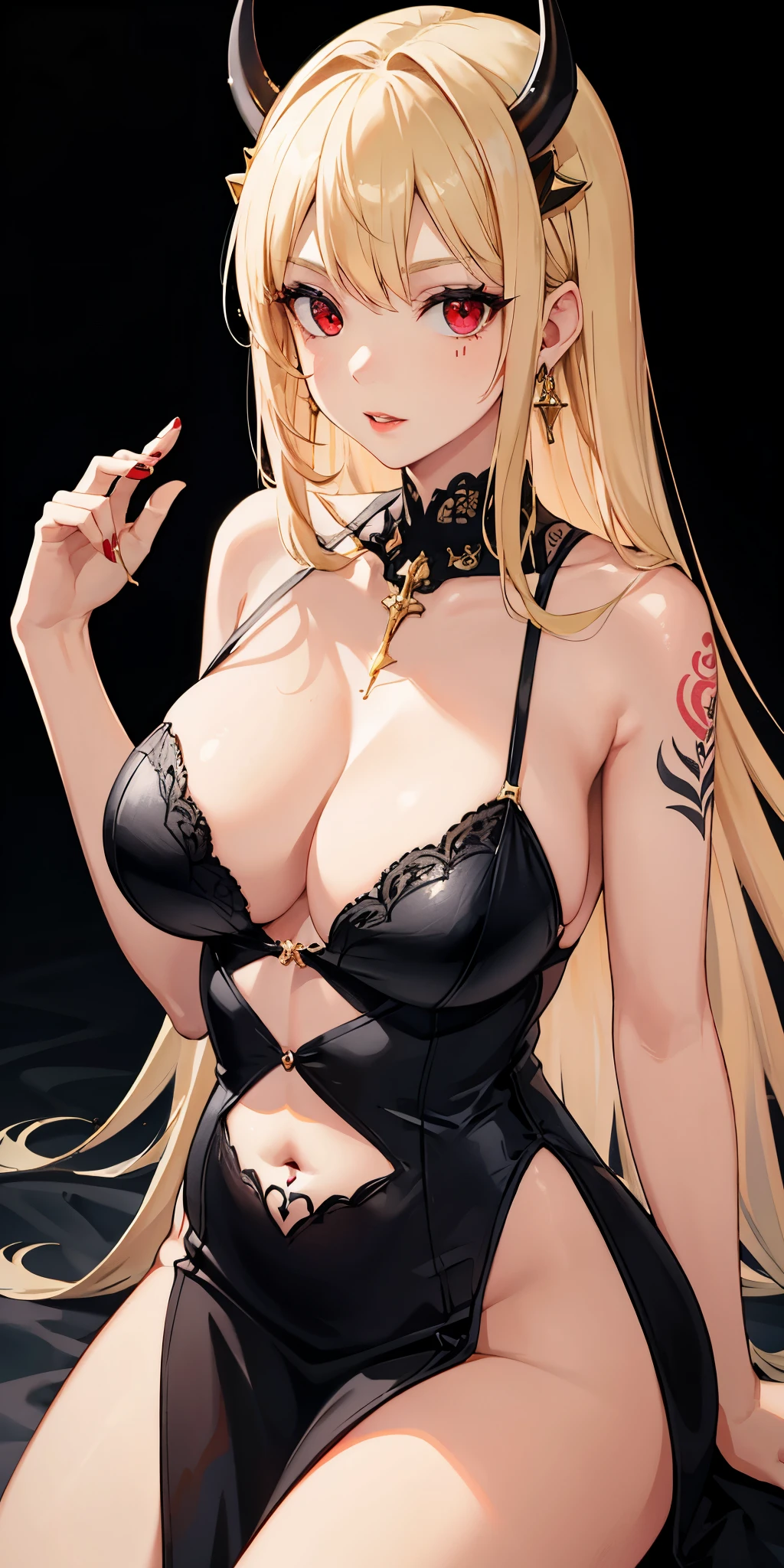 young woman, jewel on the forehead, gold jewelry, Goddess, devil horns, plump lips, masterpiece, 4k, highres, absurdres, red eyes, black lingerie dress, tattoos on arms and chest, large breasts