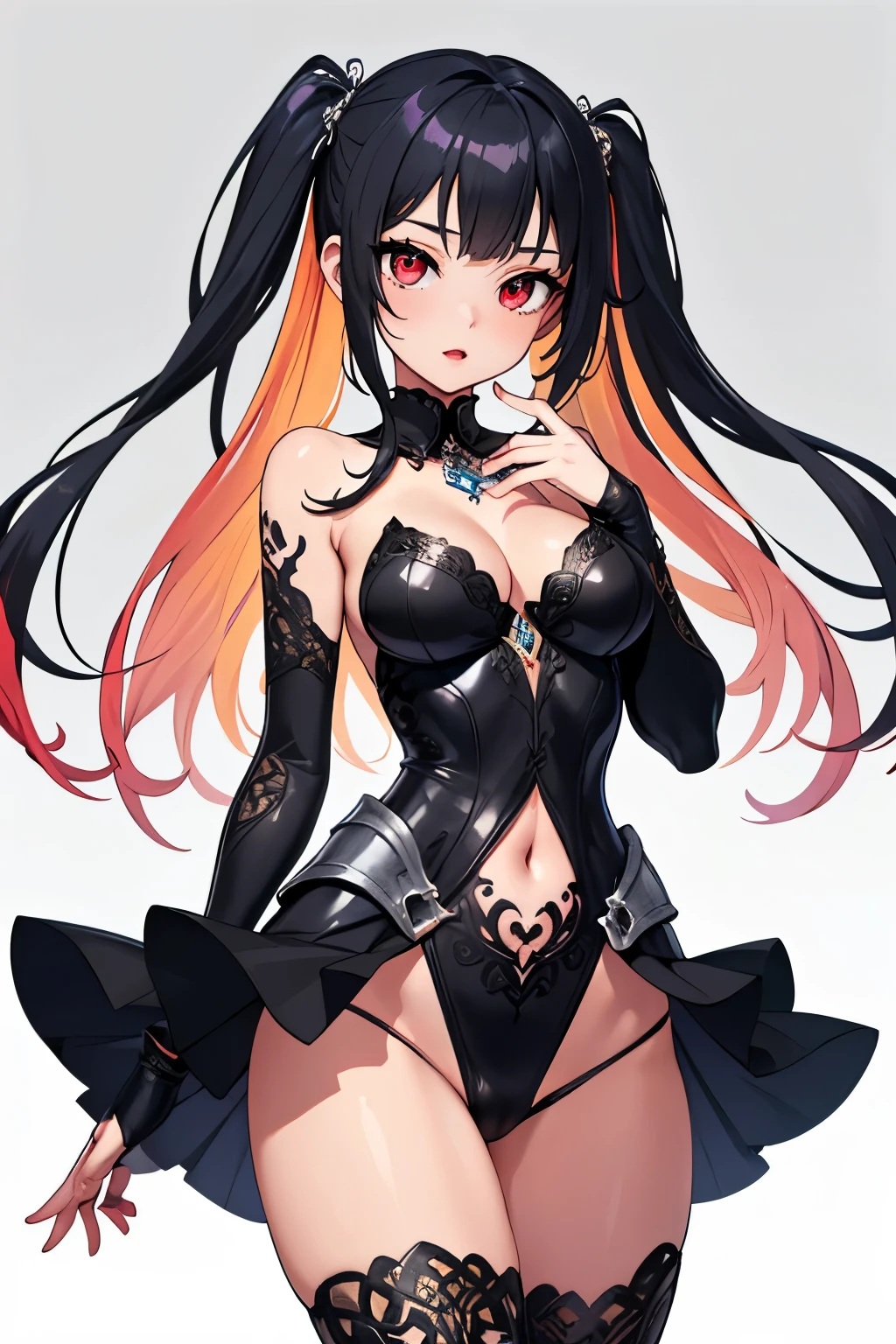 1girl, anime, cute girl, blank background, white background, fantasy, detailed fantasy dress with highlights, beautiful face, beautiful eyes, dark colors, black hair with multicolor streaks, red eye with different color pupil in eye, multicolor eye, medium small breasts (slightly big), slight cleavage, beautiful skin, cute, breast curtains, extremely delicate and beautiful, (beautiful detailed face:1.0), (detailed deep eyes), symmetrical breasts, deep eyes, shiny skin, portrait, slender waist, hips wider than shoulders, thighs, expressionless, young girl, luminous eyes, adorable,(Kpop idol),(aegyo sal:1),(Platinum blonde hair:1),((puffy eye)),Black panty,sexy posture,Superskirt, ultra high resolution,Black collar,slim figure, Abdominal y tattoo, womb tattoo,Tight-fitting leg ring,y tattoo on half-body,Bare skin, Armored hand,Hidden fingertips,Hand covered,Arm covered,Fist covered,{{beautiful detailed fingers}}, tufts of hair, moderate beautiful breast:1.0,(masterpiece:1.2), best quality, high-res, HDR, perfect face, intricate armor, delicate blue filigree, intricate filigree, red metalic parts, detailed part, dynamic pose, dynamic lights,
