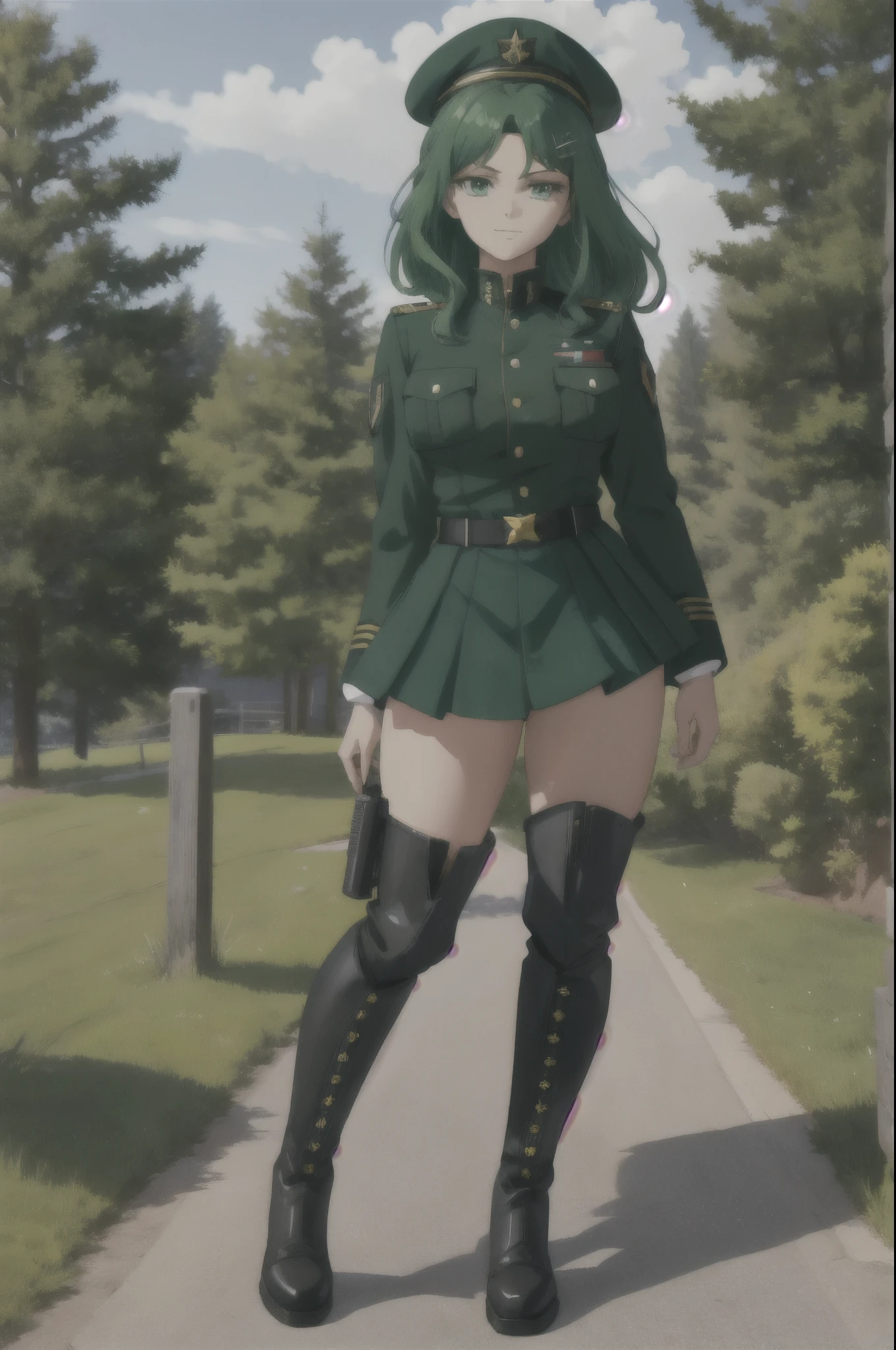 masterpiece, high quality, best quality, 1girl, (muscular female:1.0), (super gigantic breasts:1.0), (closed mouth, half smile), green hair, hairclip, black militar uniform, skirt, militar hat, black thigh boots, anime screencap, (fully clothed:1.0), full body, green eyes