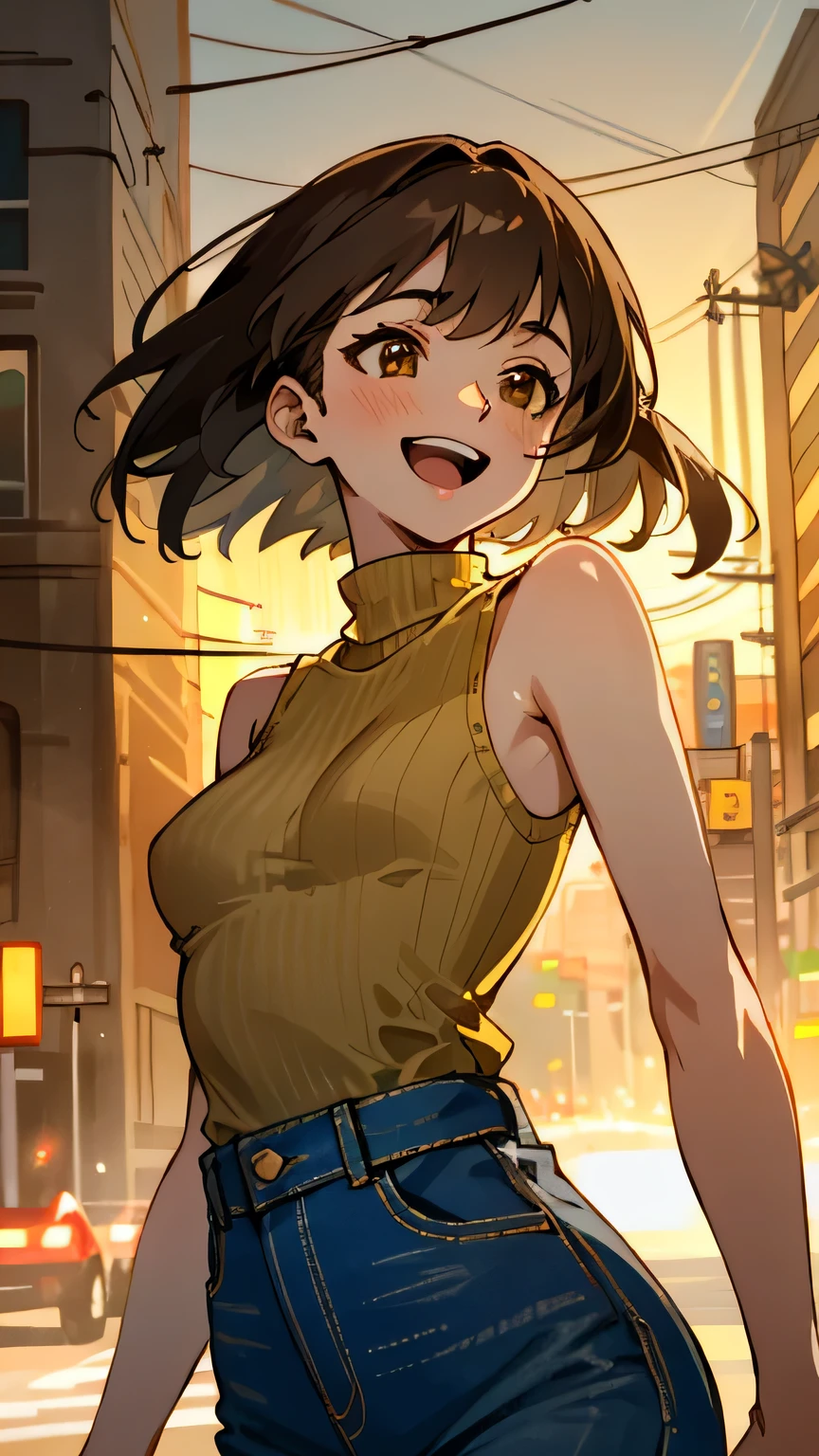(Best quality, highly detailed, dynamic lighting) Brown haired young woman, gorgeous, mature, beautiful, bob hair, brown eyes, chubby, small to medium breasts, laughing, yellow sleeveless knitted turtleneck, high waisted denim pants, street of tokyo background.