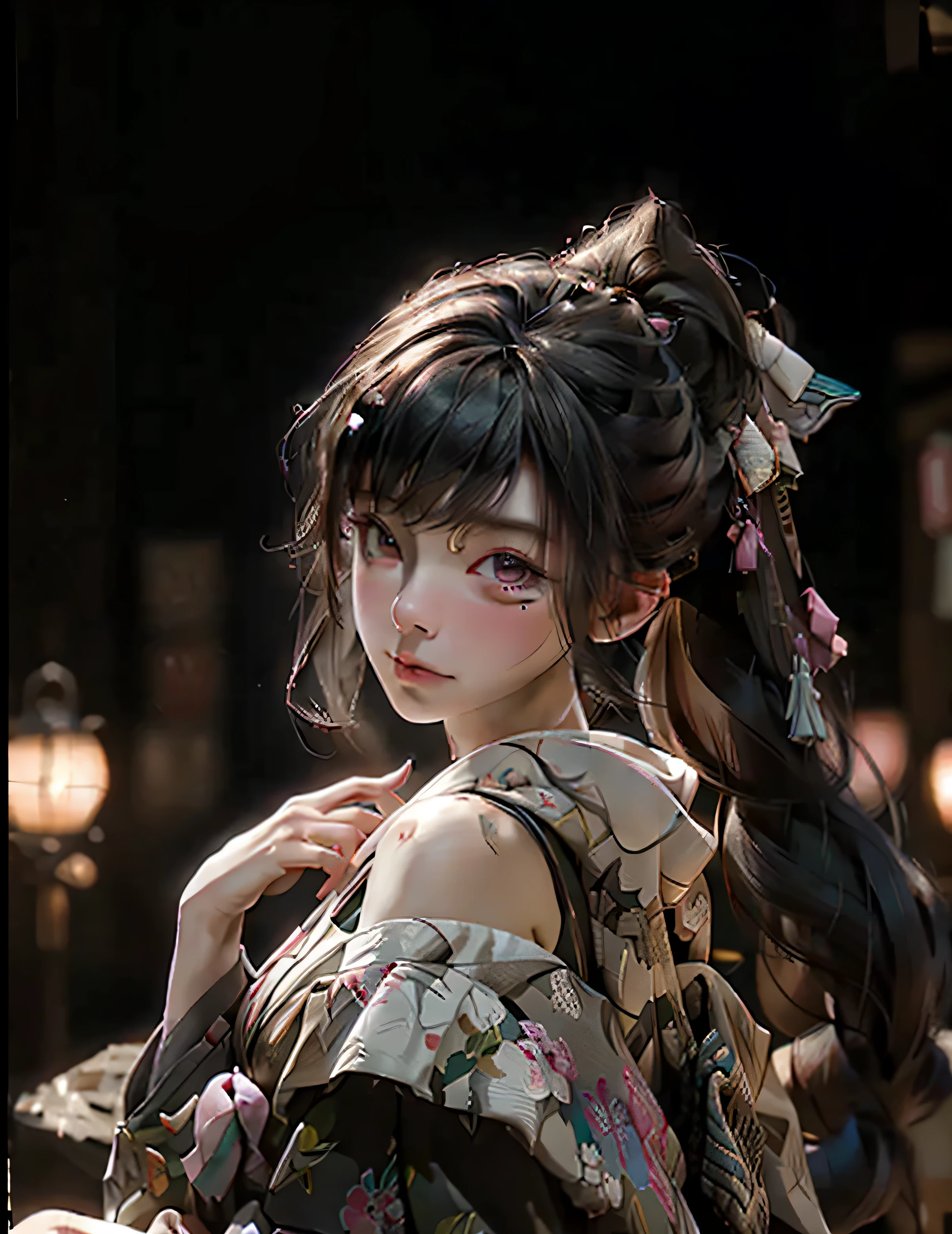 A girl wearing a kimono,The body faces to the left,turn sideways,bare shoulders,Left shoulder back tattoo,The eyes look to the left front,Place your right hand on your chest,hair standing on end,Wearing a pink ribbon,((best quality)), ((masterpiece)), (detailed:1.4), 3d, Image of a beautiful cyberpunk woman,high dynamic range (high dynamic range),Ray tracing,NVIDIA RTX,Super resolution,Unreal 5,subsurface scattering,PBR texture,post processing,Anisotropic filtering,depth of field,Maximum clarity and sharpness,multi-layer texture,Albedo and specular maps,surface coloring,Accurate simulation of light-material interaction,Perfect proportion,octane rendering,two-tone lighting,Large aperture,Low ISO,white balance,rule of thirds,8K raw,