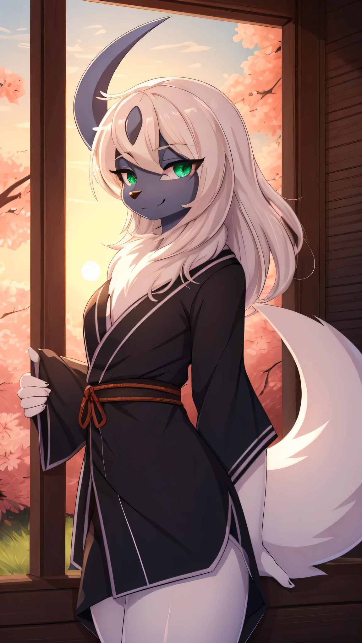 By zinfyuu on pixiv,by twistedscarlet60, uploaded on pixiv, by fluff-kevlar, (masterpiece), (best quality), (anthro furry:1.3, snout:1.2, anthro:1.3, furry:1.2, solo female:1.2), (extremely detailed:1.3), (Detailed eye part: White lens, green iris,black cornea), absol, sfw,view on viewer, Slim body, sweet smile, at japan pallace, wear kimono suit