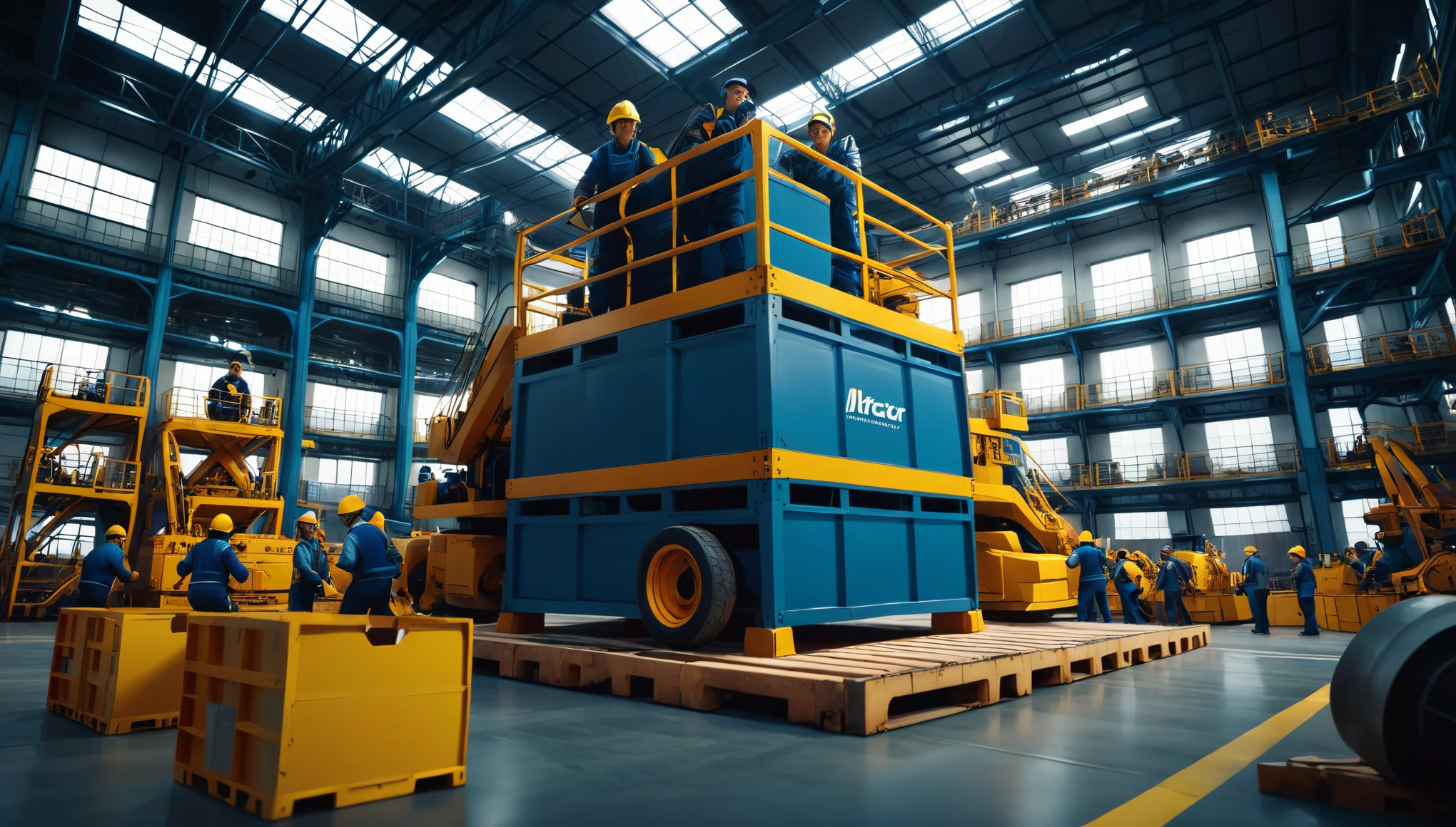 ((ultra wide angle x0.5:1.5, bottom view)), factory with workers:1.4, ((perfect, meticulously detailed, flawless, high definition, cinematic: 1.4), ((Masterpiece) ), (Hyper detailed: 1.4), (Photorealistic: 1.4), Epic, (machinery working, boxes stacked: 1.3), 32k.