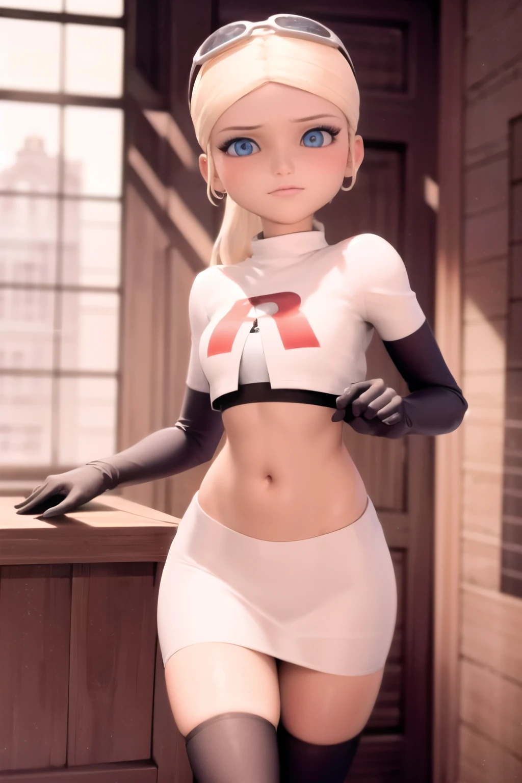 (8k, RAW photo, best quality, masterpiece:1.2), (intricate details), highres, perfect eyes, perfect face, perfect lighting, beautiful, (masterpiece:1.2), (best quality:1.2), 1girl, solo, chloe, blue eyes, blonde, team rocket,team rocket uniform, red letter R, white skirt,white crop top,black thigh-highs,black elbow gloves