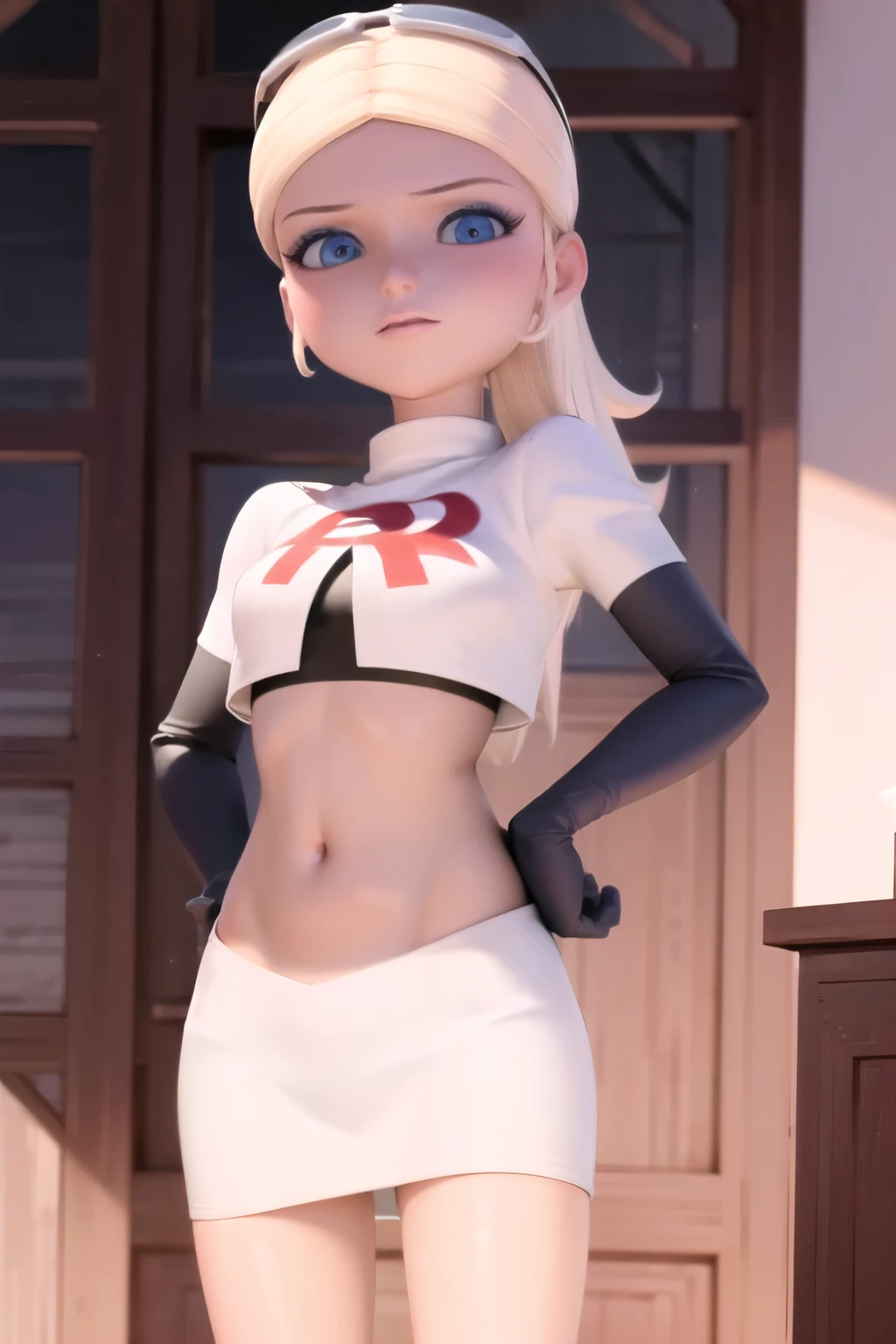 (8k, RAW photo, best quality, masterpiece:1.2), (intricate details), highres, perfect eyes, perfect face, perfect lighting, beautiful, (masterpiece:1.2), (best quality:1.2), 1girl, solo, chloe, blue eyes, blonde, team rocket,team rocket uniform, red letter R, white skirt,white crop top,black thigh-highs,black elbow gloves