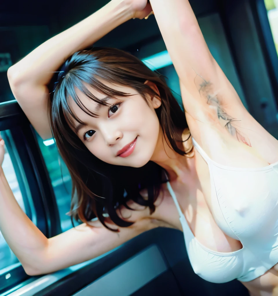 highest quality、8K、no makeup、masterpiece、ultra high resolution、clear pictures、Photoreal、realistic、professional lighting、Natural light、A cute boy、round face、smile、small breasts、small breasts、super slender、thin waist、delicate body、highly detailed skin、beautiful hair、thin legs、round eyes、very short hair、smile、stand on a crowded train:1.6、she wears white lace panties、(she is wearing a white tank top:1.8、tank top rides up)、raise your arms、Please show me your armpits、Please don't show your nipples:1.8、I have thick armpit hair:1.8、very long armpit hair 1.8、photo from head to knees:1.8