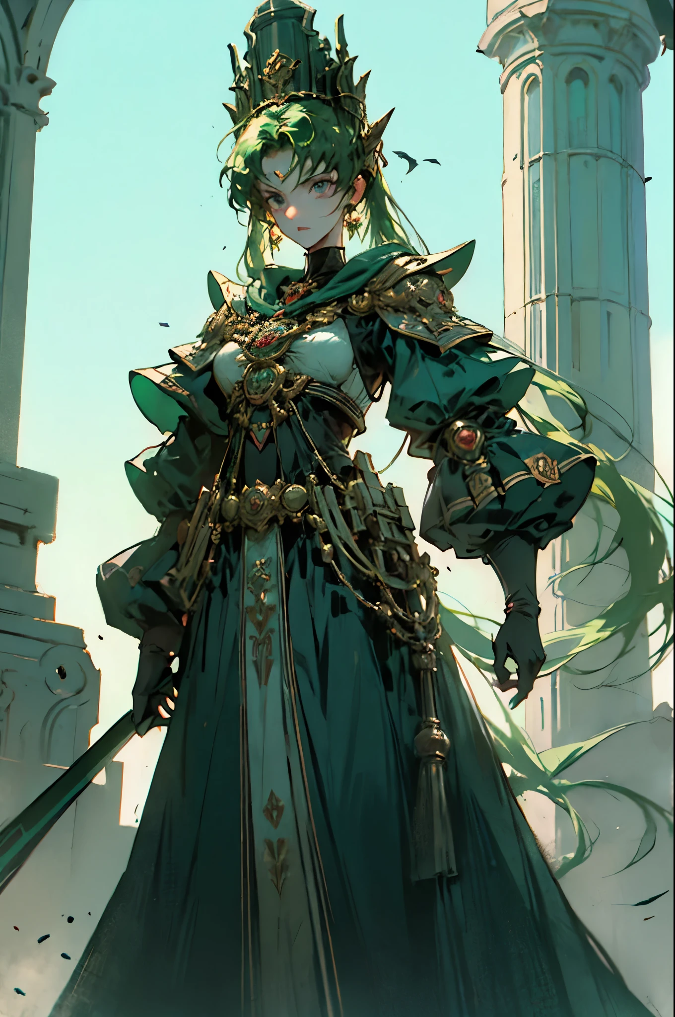 Black Kakalot Female, Green Hair, Look at Viewer, ancient tower