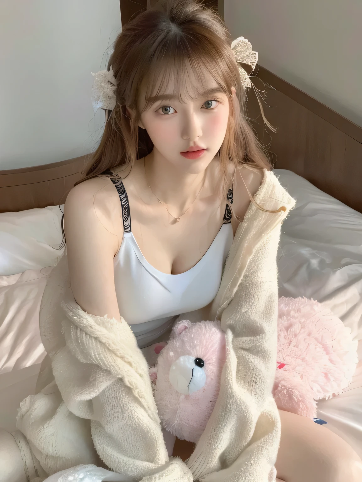 a woman sitting on the bed,Holding a teddy bear in hand, Urzan, Light milky white porcelain skin, milky white skin, V-shaped bust clothes, Stylish white skinny suit, White skin, Lehua 5213, 19 year old girl, Sammi Pasta, beautiful young girl, 24 year old female model