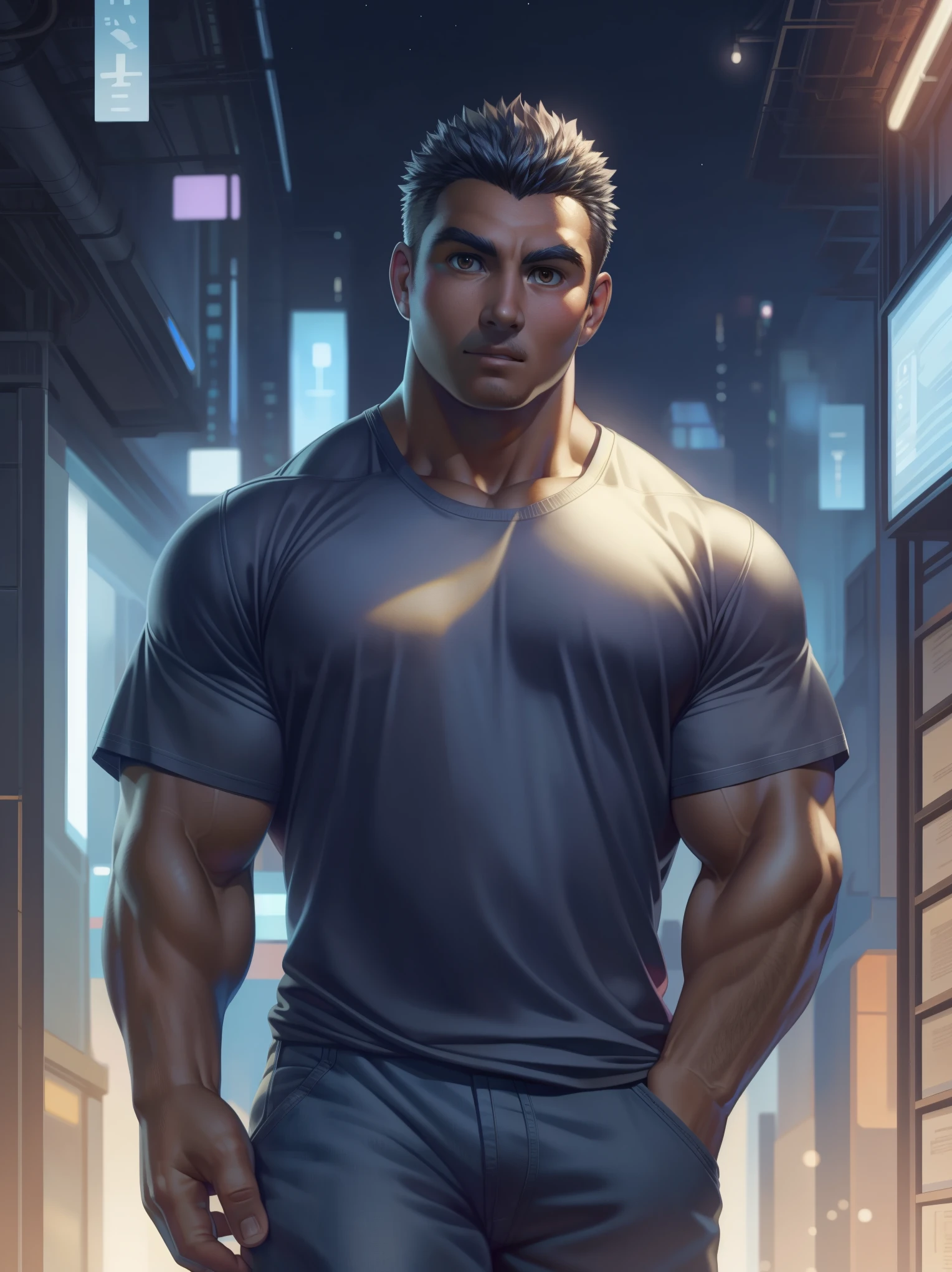 solo, male, human,((casual, sci-fi)), (dark skin, human print), dark skin, brown eyes, well dressed, middle-aged, detailed face, detailed eyes, (casual clothes:1.2), shirt, loose collard undershirt, short sleeves, clean clothes, jeans, full body, covered chest, detailed teeth, cyberpunk, simple gradient background, (by null-ghost,by raccoon21, masterpiece, high quality,hi-res,8k hd), standing,close-view portrait, looking at viewer, night, indoor, calm, gentle, dark shadows