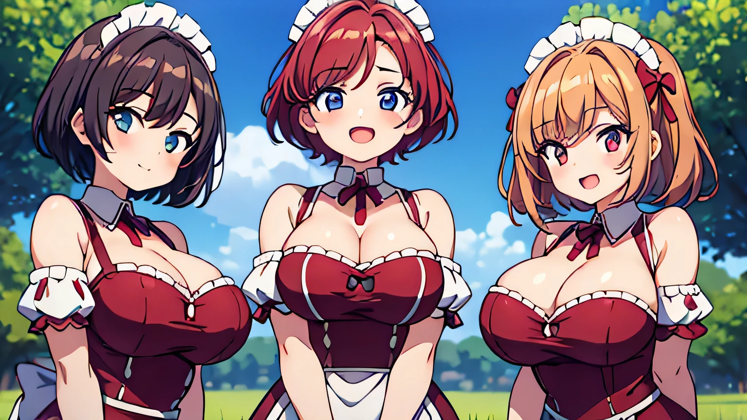 3 girls,huge breasts,cleavage,short hair,crimson hair,smile,open your mouth,maid,dutch angle,close to the viewer,in the meadow