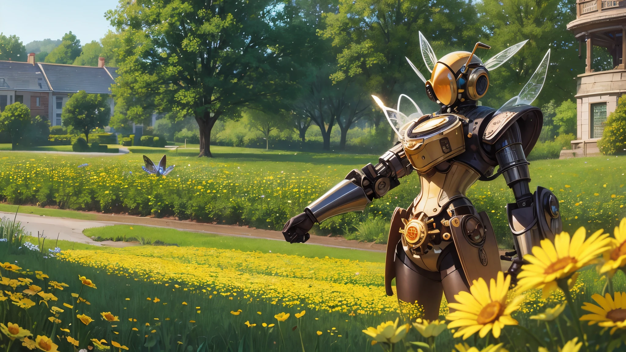 A lovely field of flowers, steampunk robot bees flit between them pollinating them