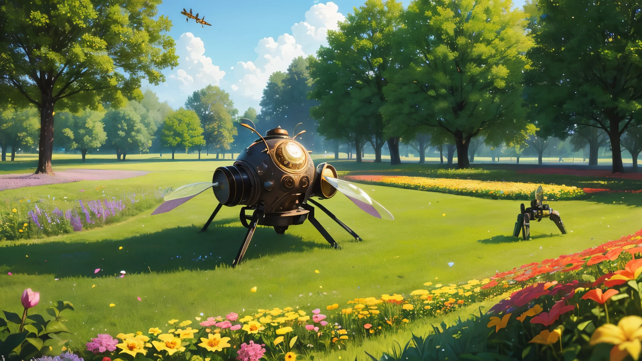 A lovely field of flowers, steampunk robot bees flit between them pollinating them