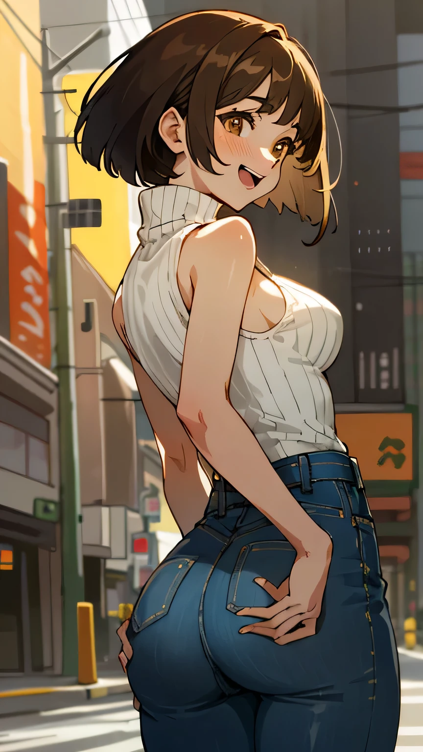 (Best quality, highly detailed, dynamic lighting) Brown haired young woman, gorgeous, mature, beautiful, bob hair, brown eyes, chubby, small to medium breasts, laughing, yellow sleeveless knitted turtleneck, high waisted denim pants, street of tokyo background, from the back, nice ass, nice hips, cameltoe.